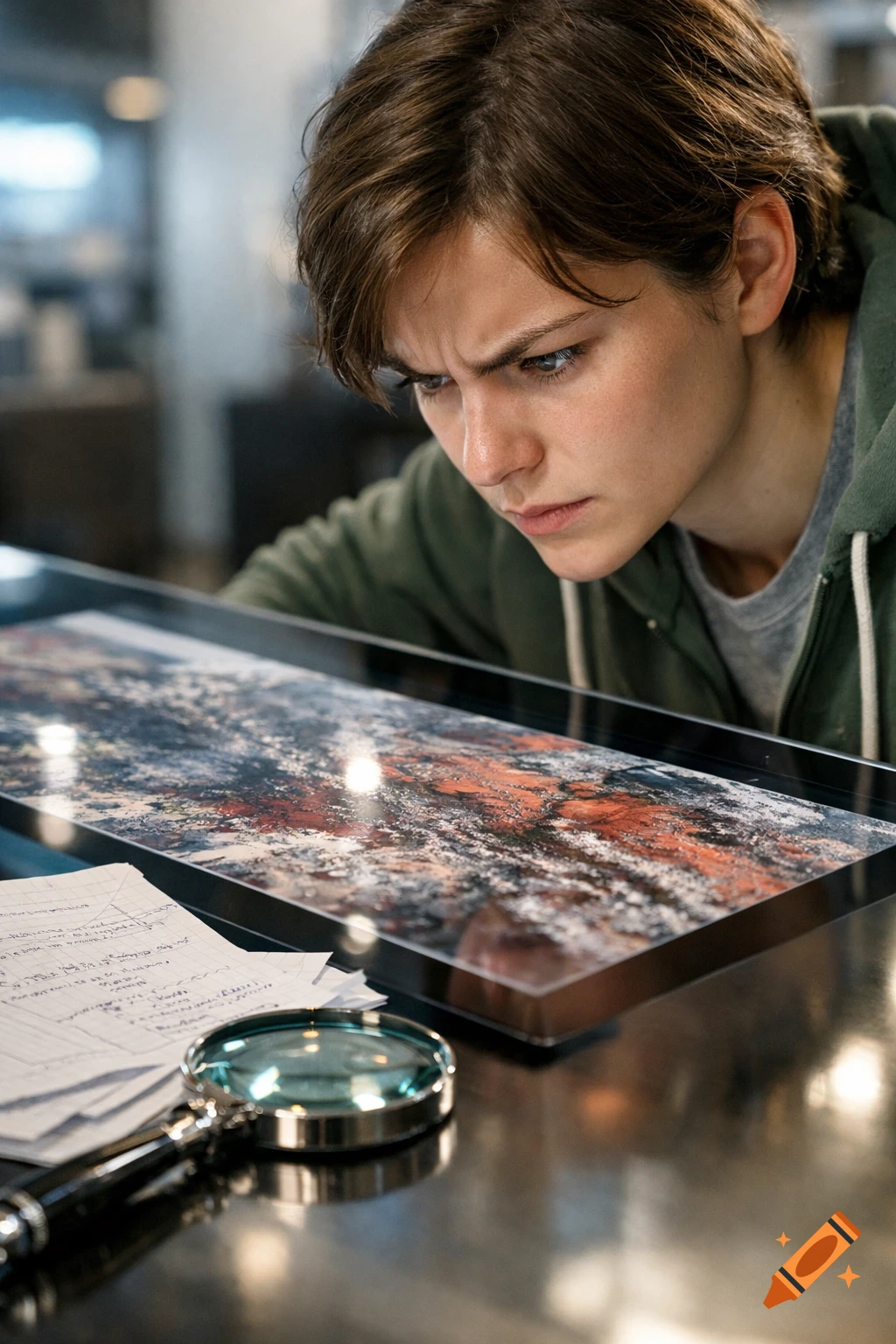 A focused person in a green hoodie analyzes a textured image on a screen with notes and a magnifying glass nearby, photorealistic.