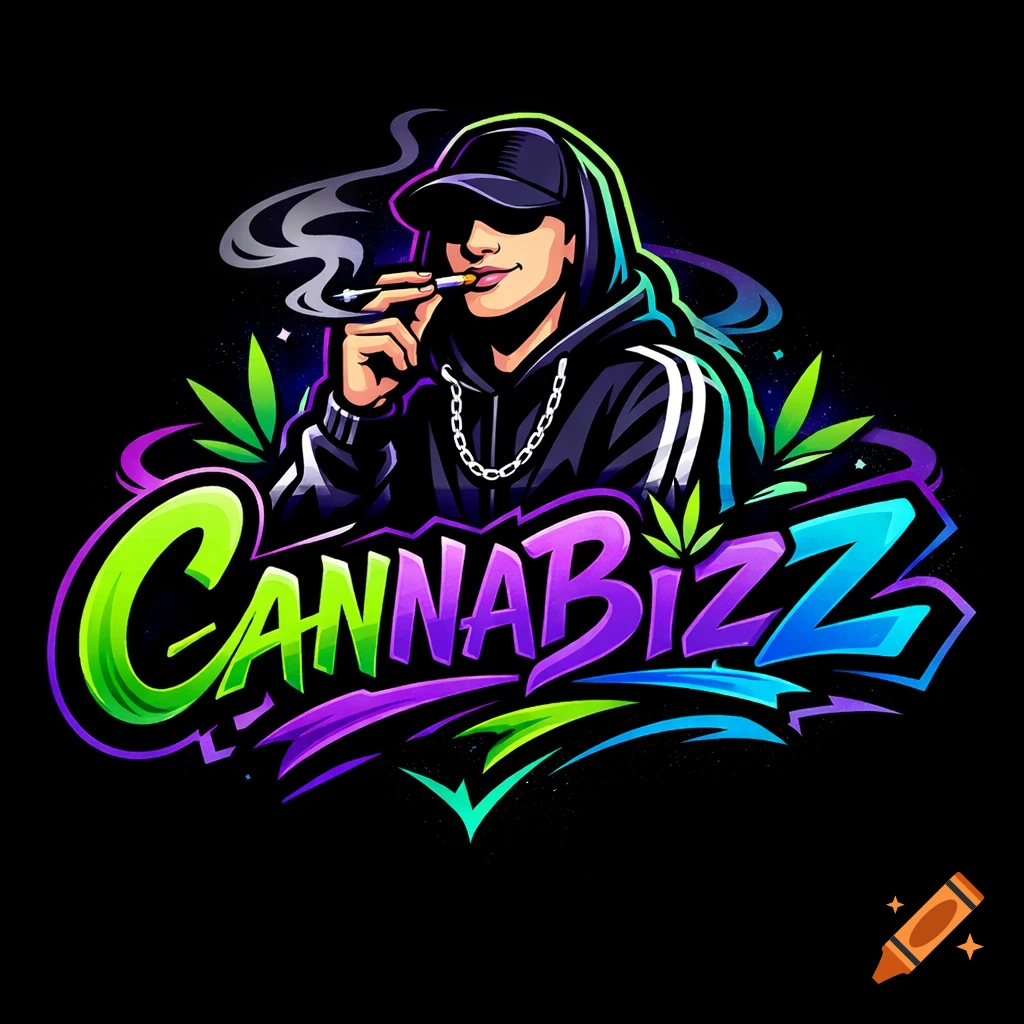 Colorful logo featuring a man in a cap and hoodie smoking, with 'CannaBizz' text and cannabis leaves.