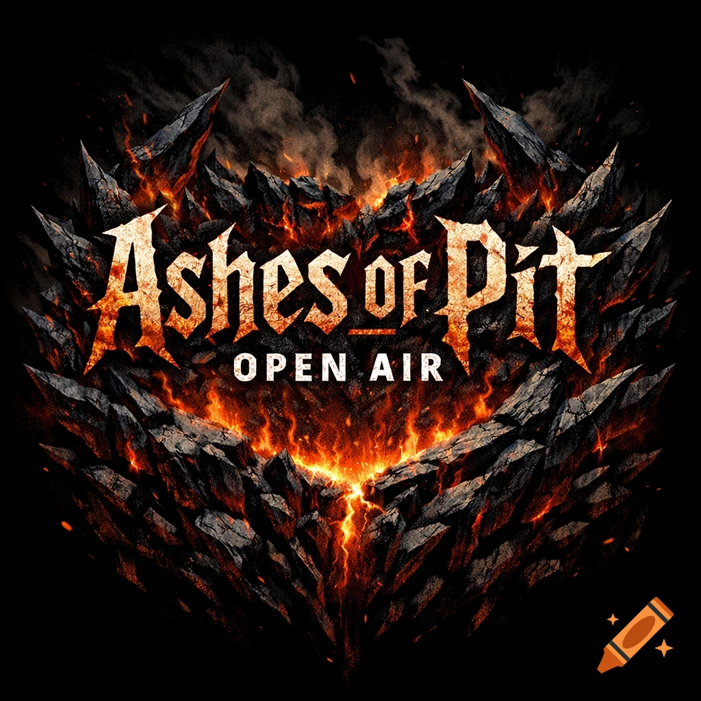 A dark, fiery logo for "Ashes of Pit Open Air" with molten rock textures and smoke against a black background.