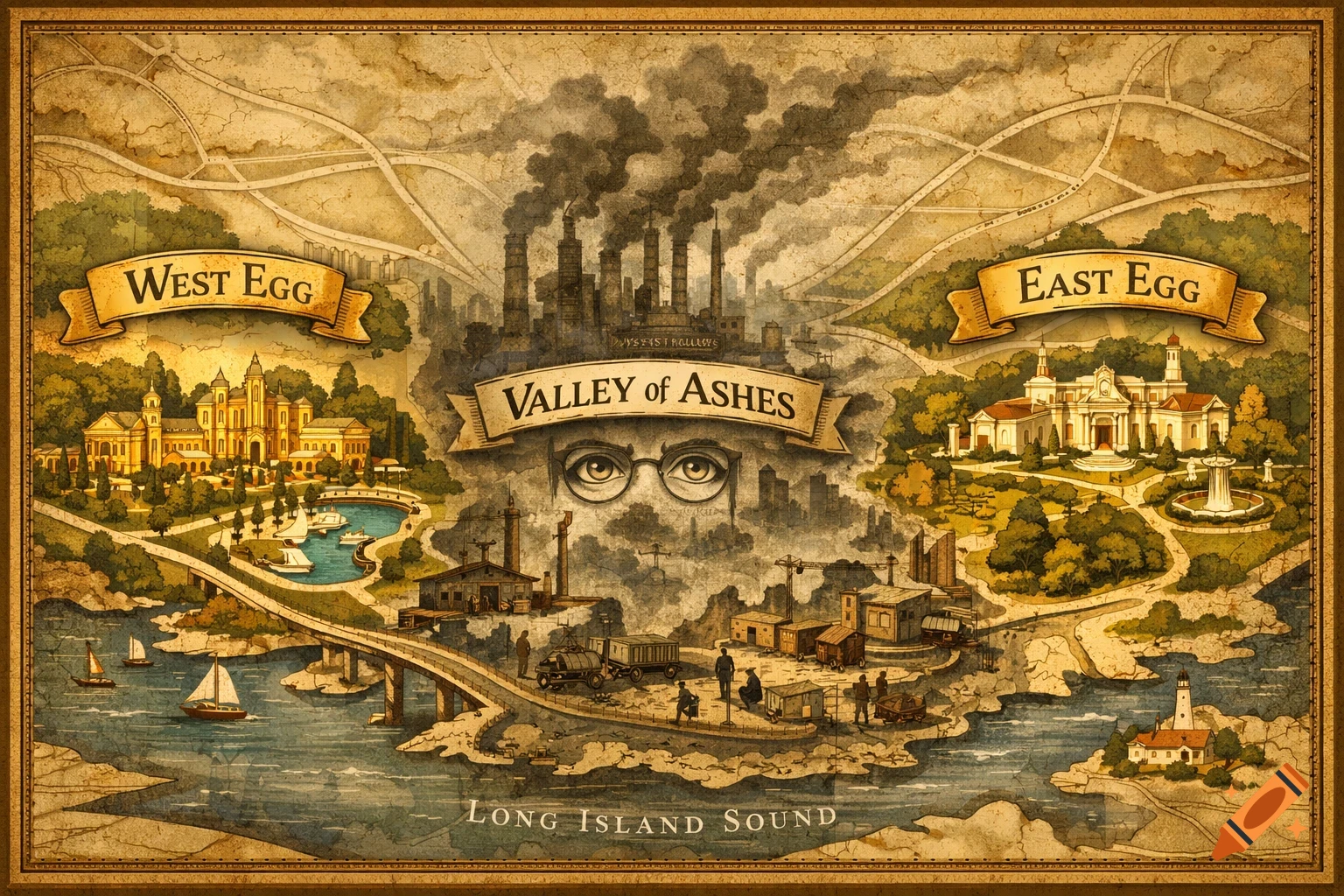 A vintage-style illustrated map depicting West Egg, East Egg, and the industrial Valley of Ashes from The Great Gatsby, with a bridge over Long Island Sound.