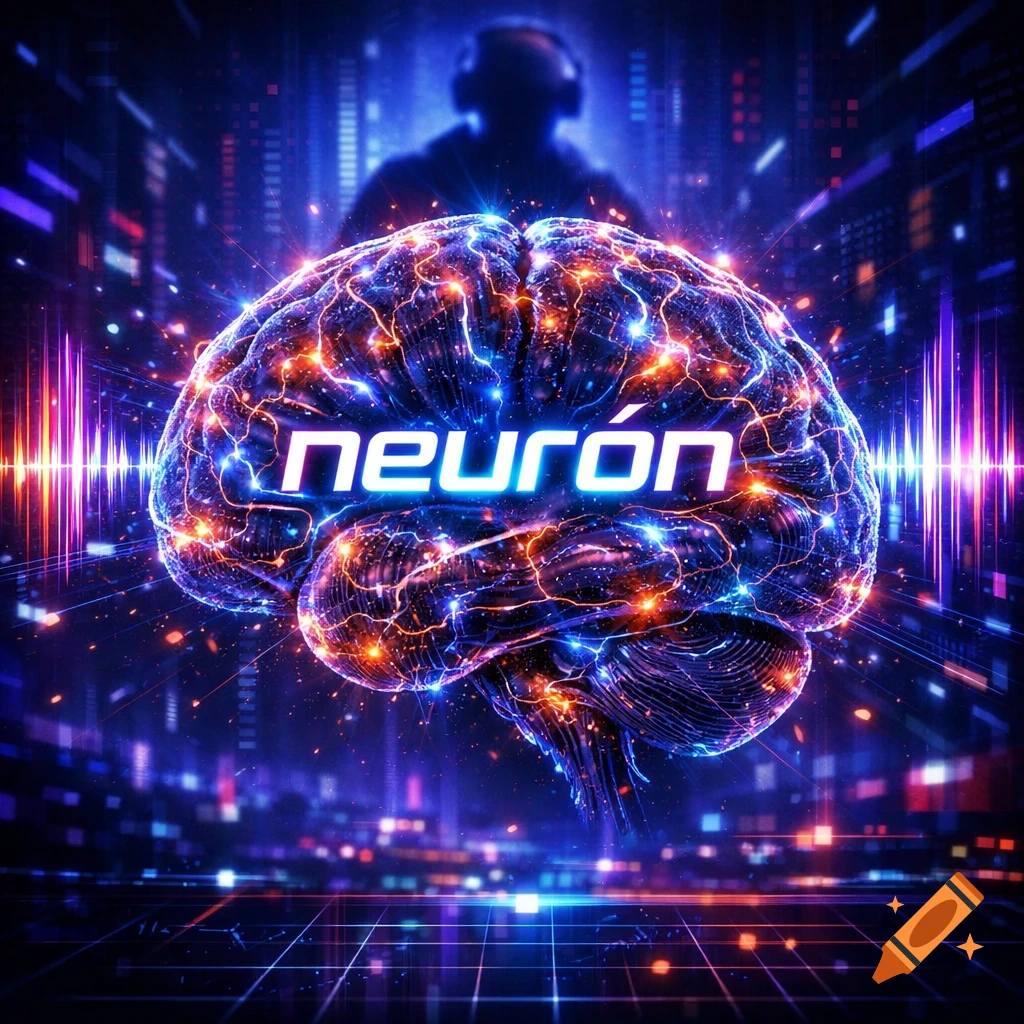 Futuristic cyberpunk album cover with a glowing brain made of electric circuits, neon 'neur 3n' text, and a DJ silhouette.