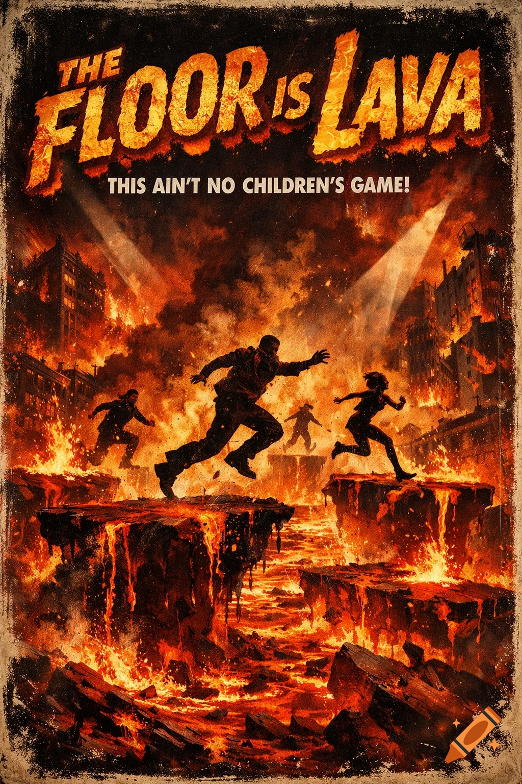 A vintage movie poster titled "The Floor is Lava" showing silhouetted figures running across platforms over glowing lava in a burning city.
