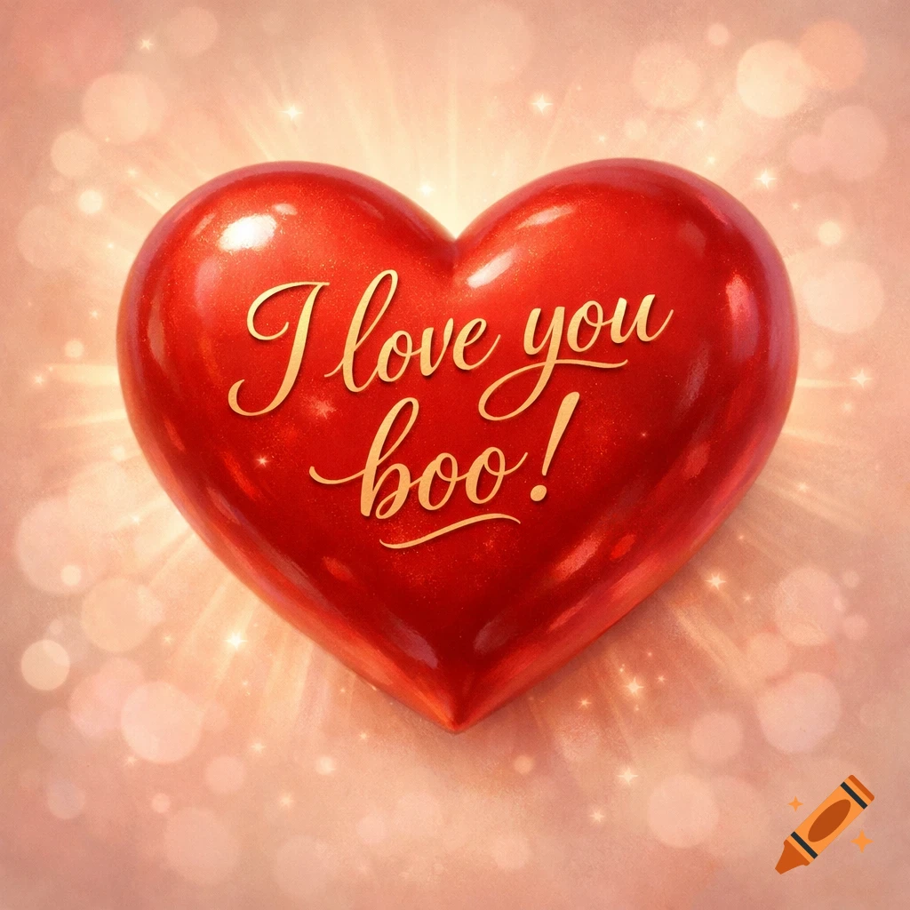 A shiny red heart with 'I love you boo!' in gold cursive text, set against a sparkling, bokeh-filled background.