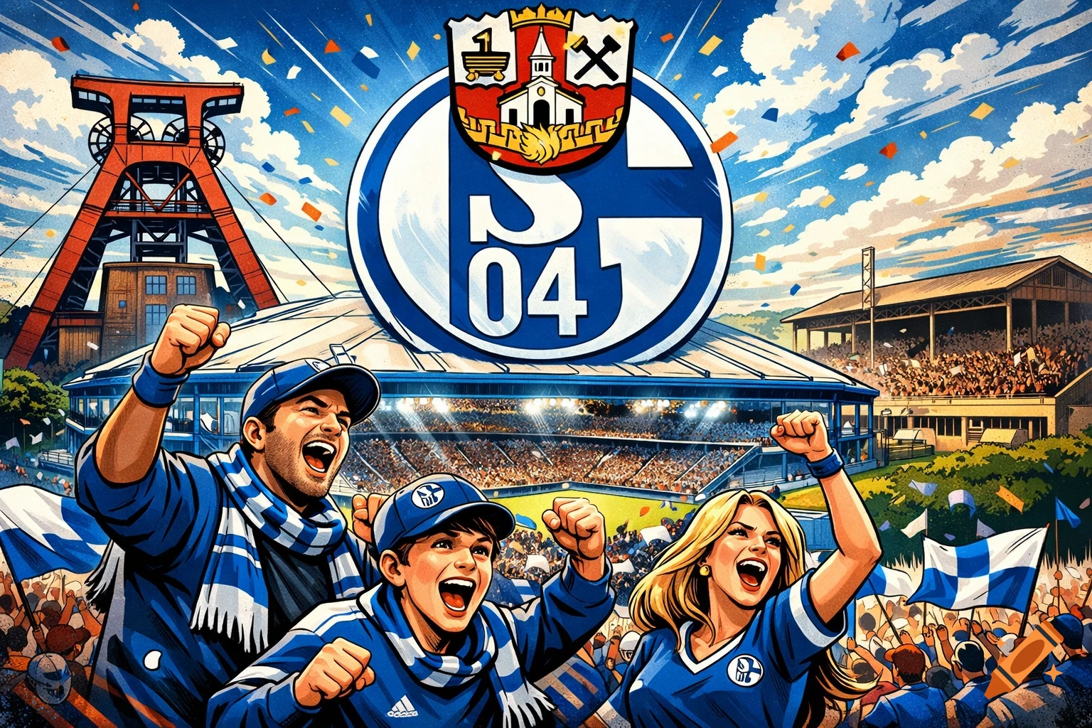Comic-style illustration of cheering Schalke 04 fans, a stadium, the Schalke logo, Gelsenkirchen city crest, and the Zeche Zollverein in the background.