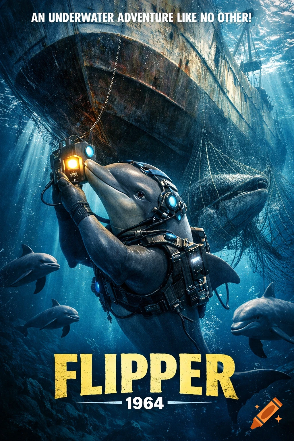 Photorealistic movie poster of a dolphin in electronic gear underwater beneath a shipwreck, with other dolphins and a whale in a net.