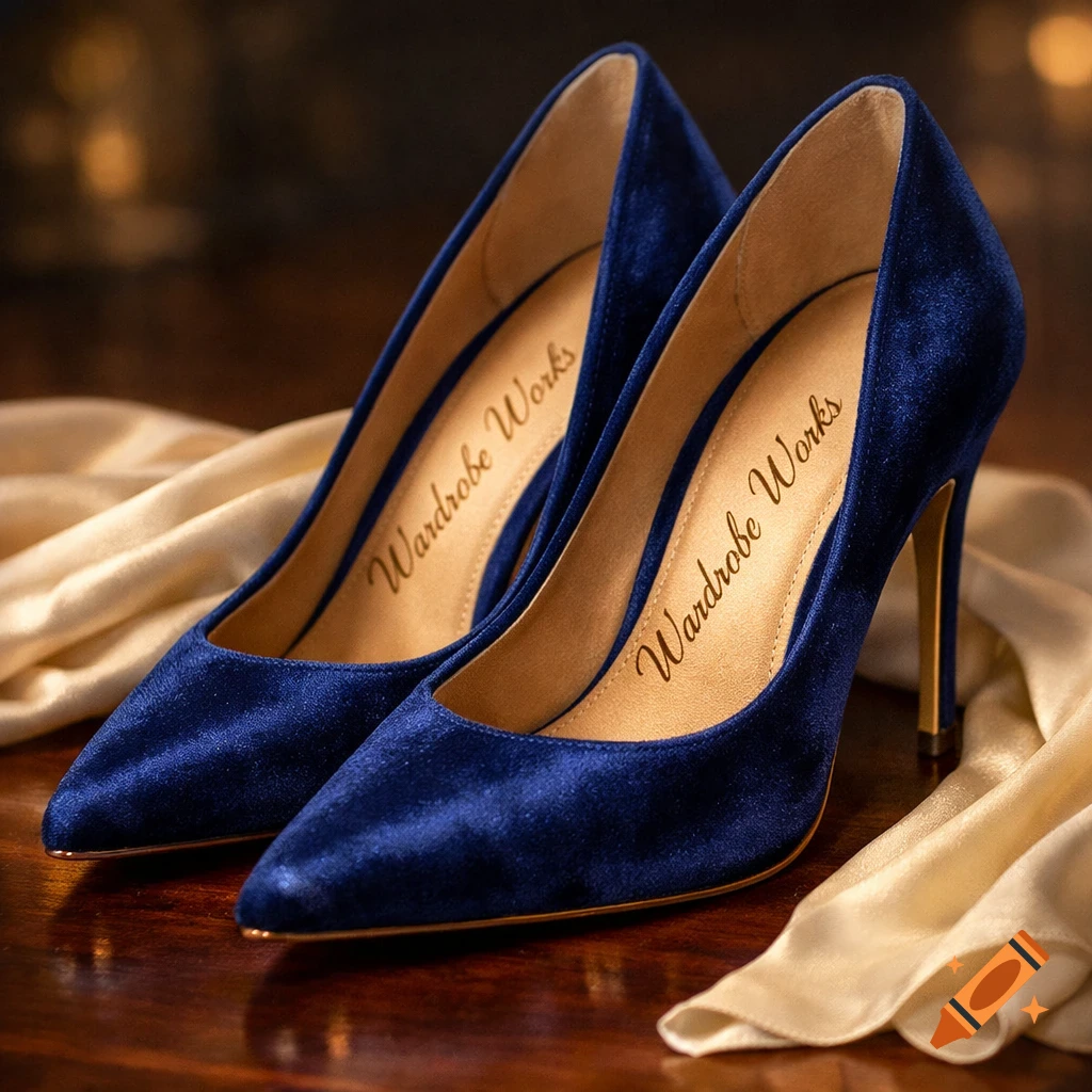 A pair of blue velvet high heels with "Wardrobe Works" inscribed inside, resting on a wooden surface with a light silk scarf.