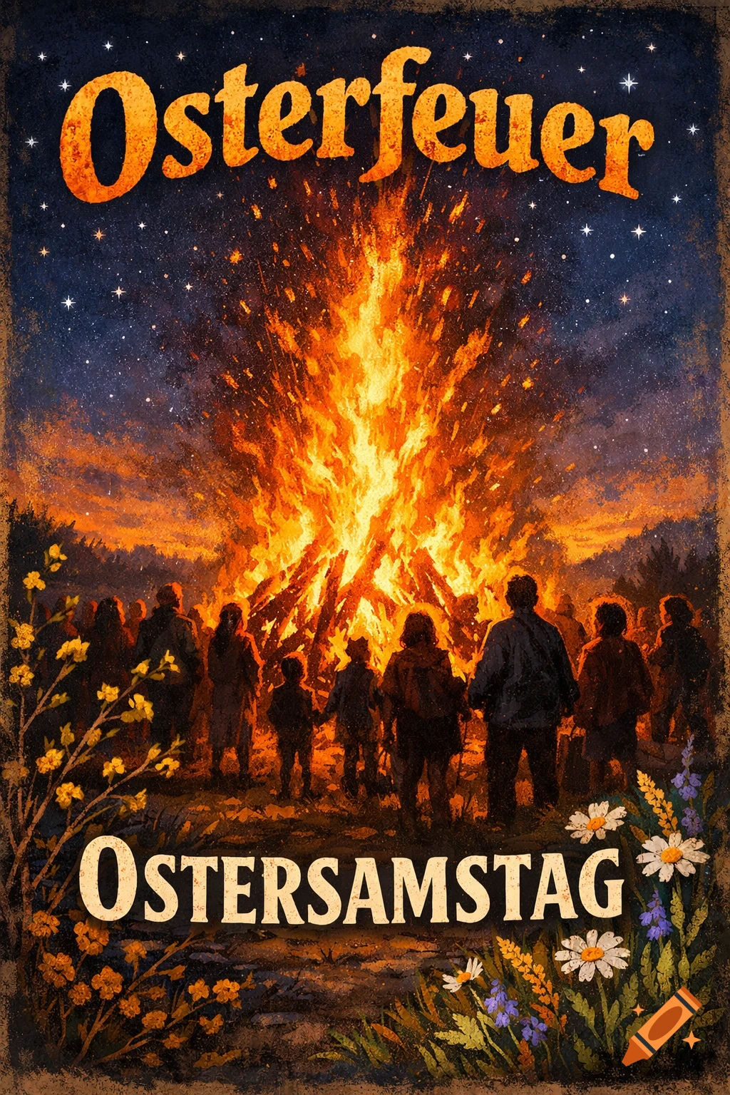 A painterly poster featuring 'Osterfeuer' and 'Ostersamstag' text, depicting people gathered around a large bonfire at night under a starry sky.