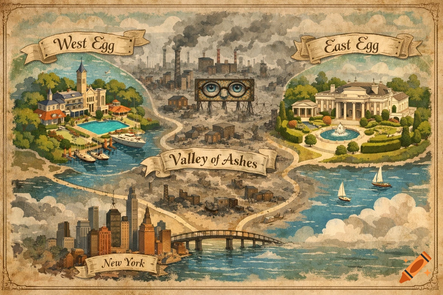 A vintage-style illustrated map showing West Egg, East Egg, the Valley of Ashes, and New York, with detailed landscapes.