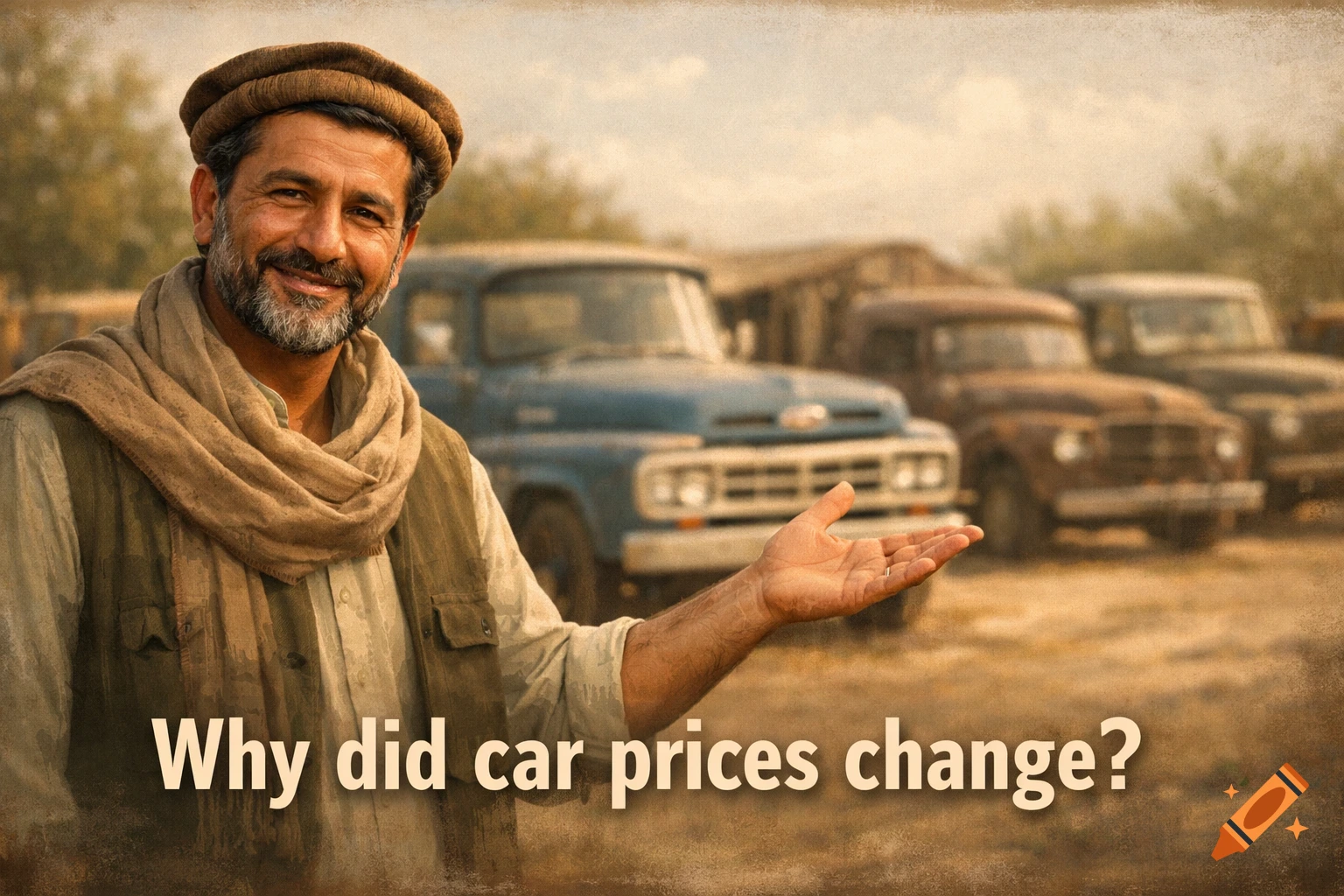 A smiling man in traditional attire gestures towards old cars in a dusty outdoor setting, with the text 'Why did car prices change?'