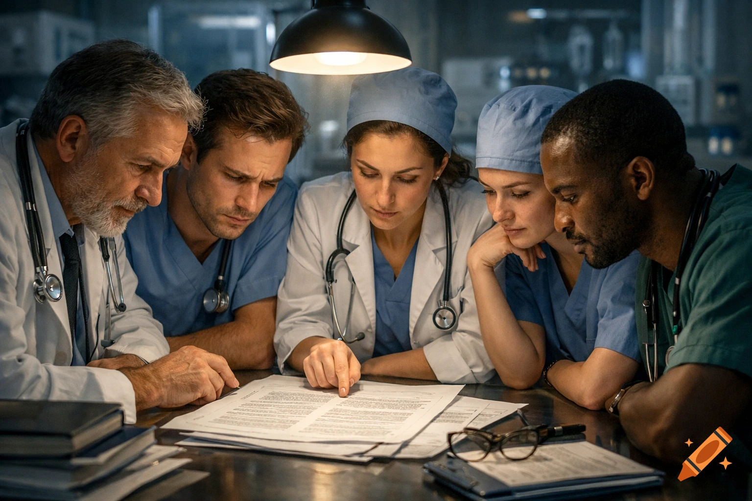 Five diverse doctors and nurses, in medical attire, intently examine an important document together under a focused lamp light.