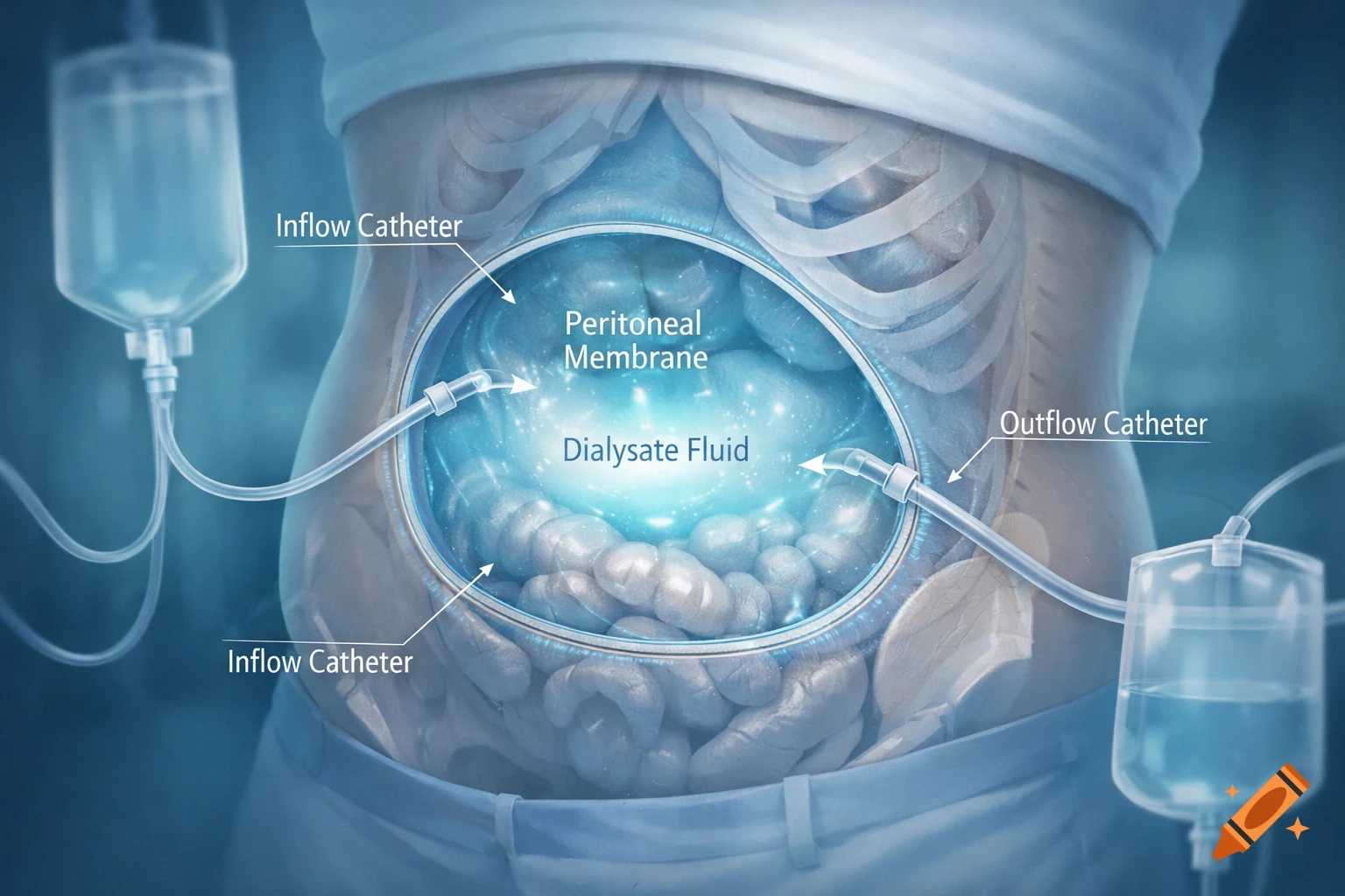 Medical diagram of peritoneal dialysis, showing inflow/outflow catheters, dialysate fluid, and the peritoneal membrane within the abdomen.