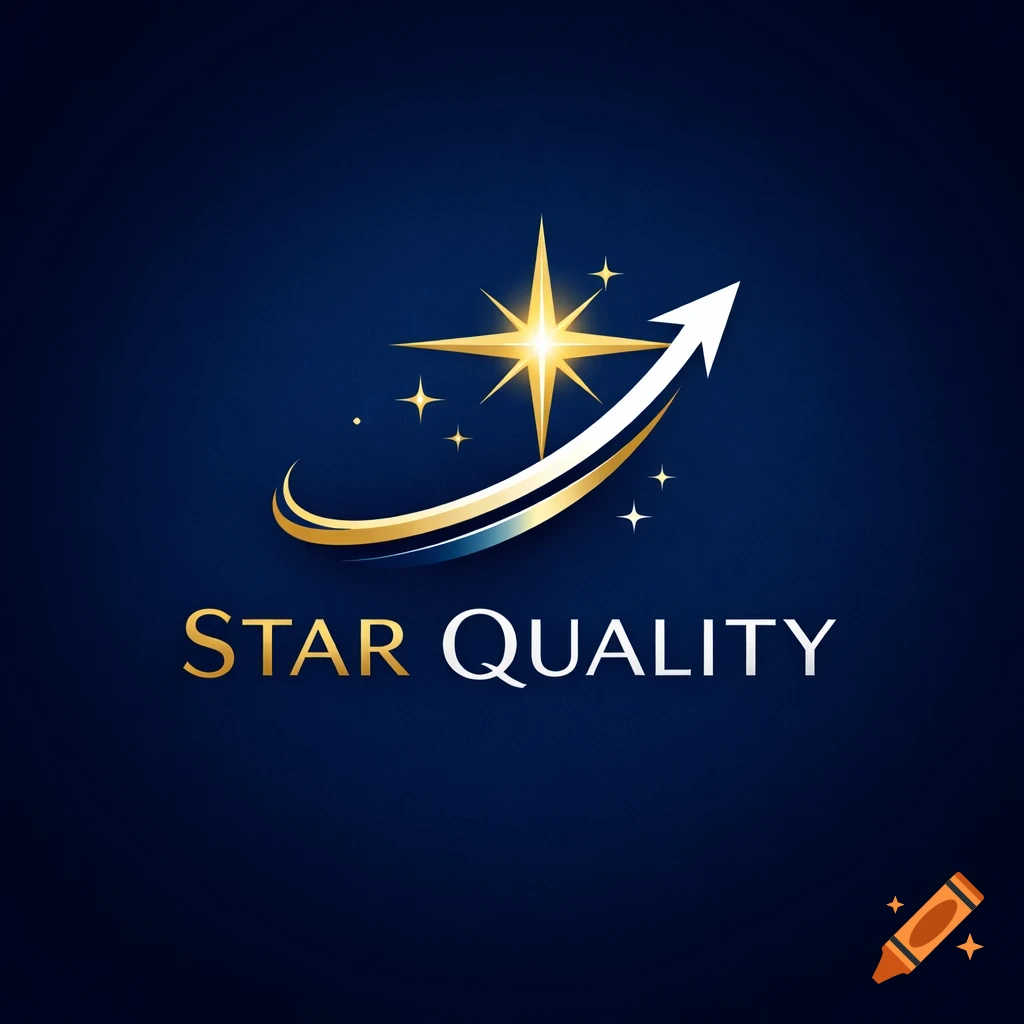 A logo with a golden star, a white and gold upward-curving arrow, and the text 'STAR QUALITY' on a dark blue background.