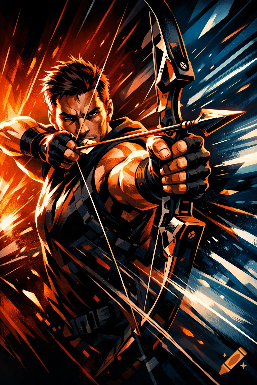 Dynamic comic book style illustration of a male archer drawing a bow and arrow against a red and blue streaked background.