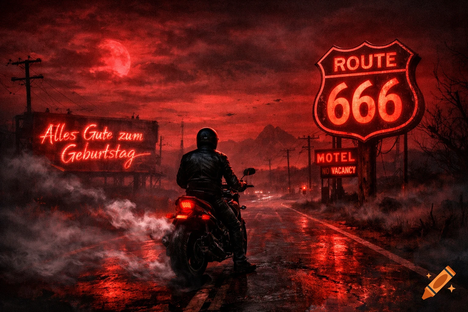 A biker on a motorcycle on a wet road under a red, moonlit sky, with neon signs for 'Route 666' and 'Alles Gute zum Geburtstag'.