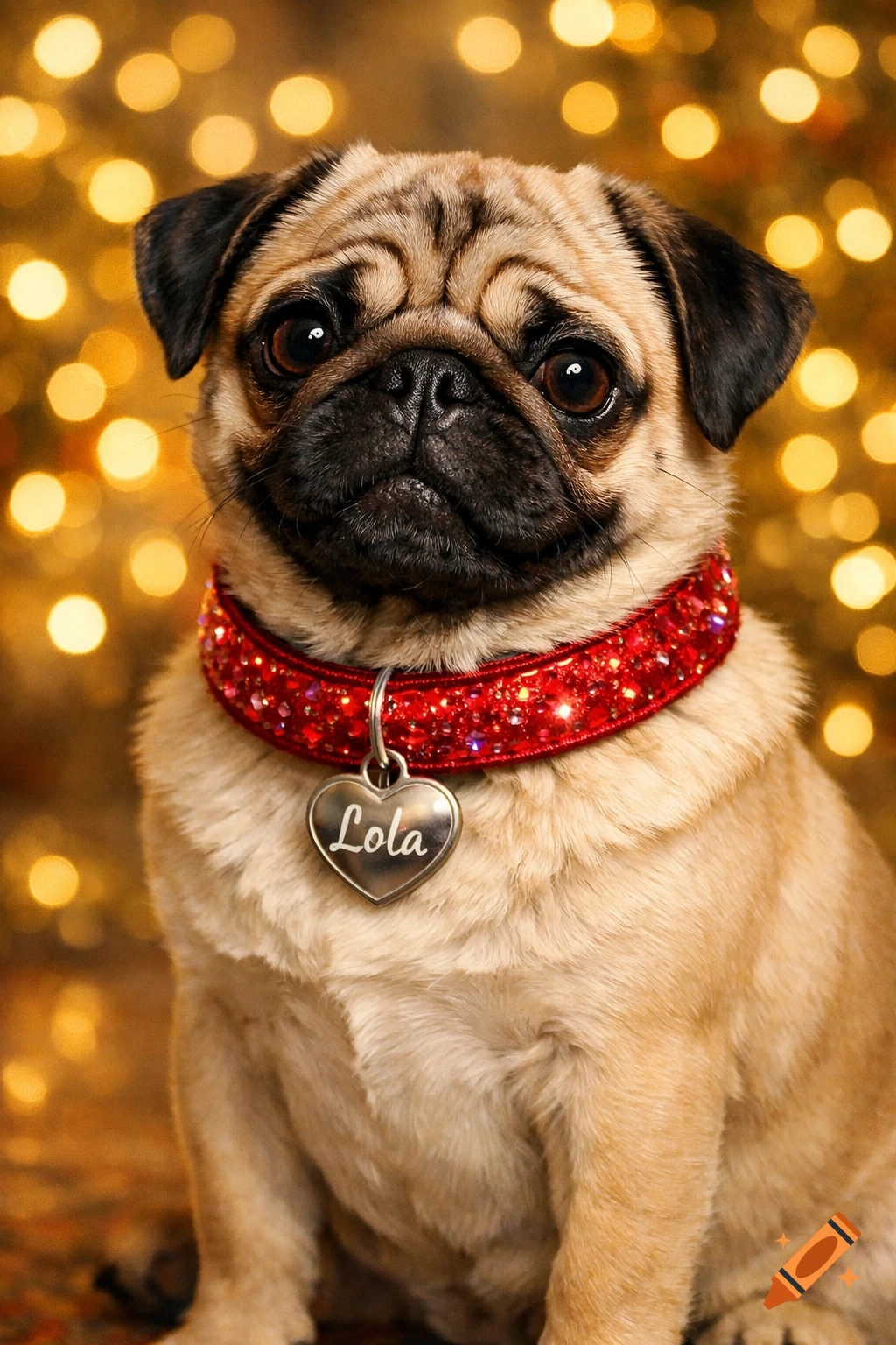 A photorealistic close-up of a pug wearing a sparkly red collar with a heart-shaped tag reading "Lola", against a blurred golden bokeh background.