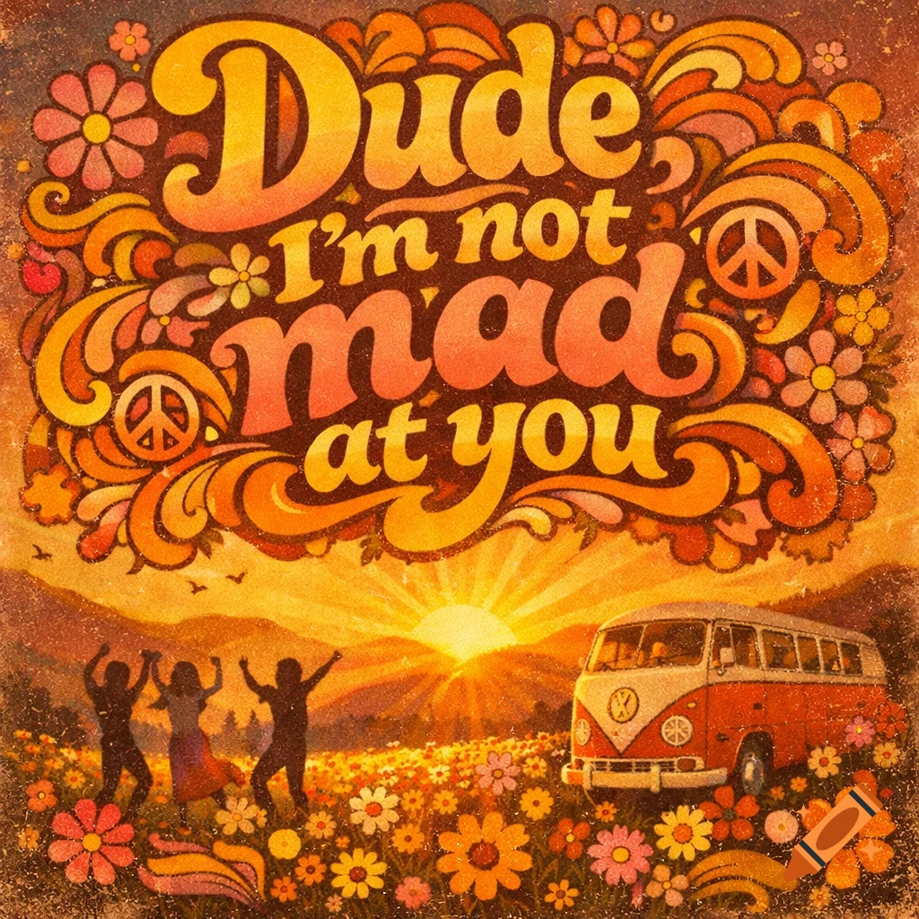 Retro art with 'Dude, I'm not mad at you' above dancers and a VW bus in a flower field at sunset, evoking a hippie vibe.