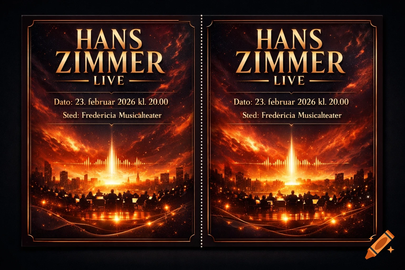 Two concert tickets for Hans Zimmer Live, featuring a city skyline, a fiery sky, and a central light beam, with event details written on them.