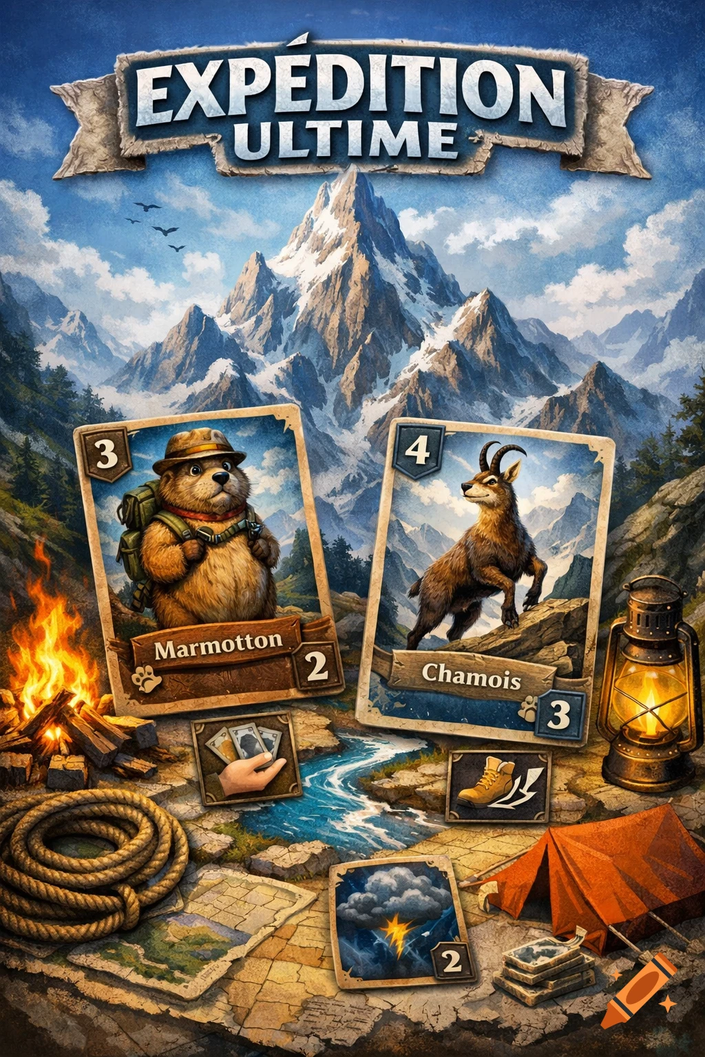 A fantasy card game scene with cards featuring a marmot and a chamois, surrounded by camping gear, maps, and a campfire, against a mountain backdrop.