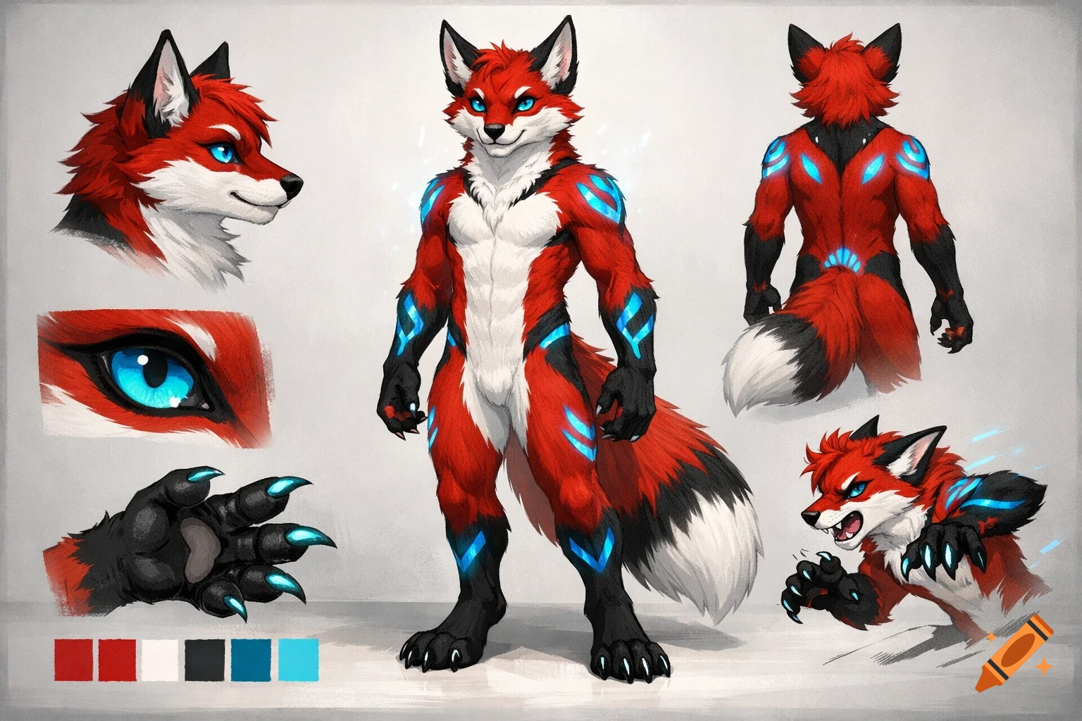 Reference sheet for a red and black anthropomorphic fox with blue glowing markings and bright blue eyes, shown from multiple angles and details.