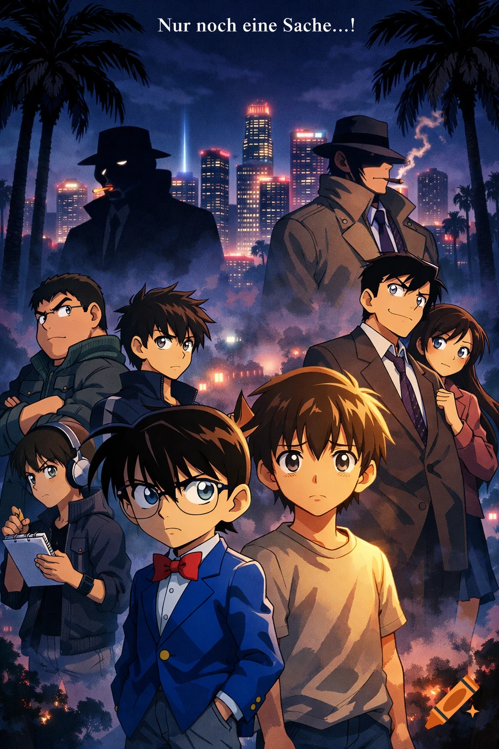 Anime movie poster with a group of diverse characters, including a boy detective, against a mysterious nighttime city skyline.