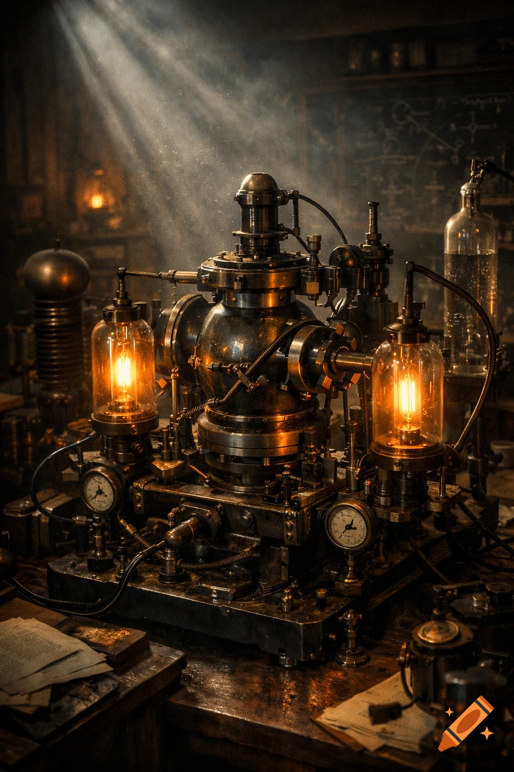 A detailed steampunk-style scientific machine with glowing vacuum tubes and pressure gauges in a dimly lit, dusty laboratory.