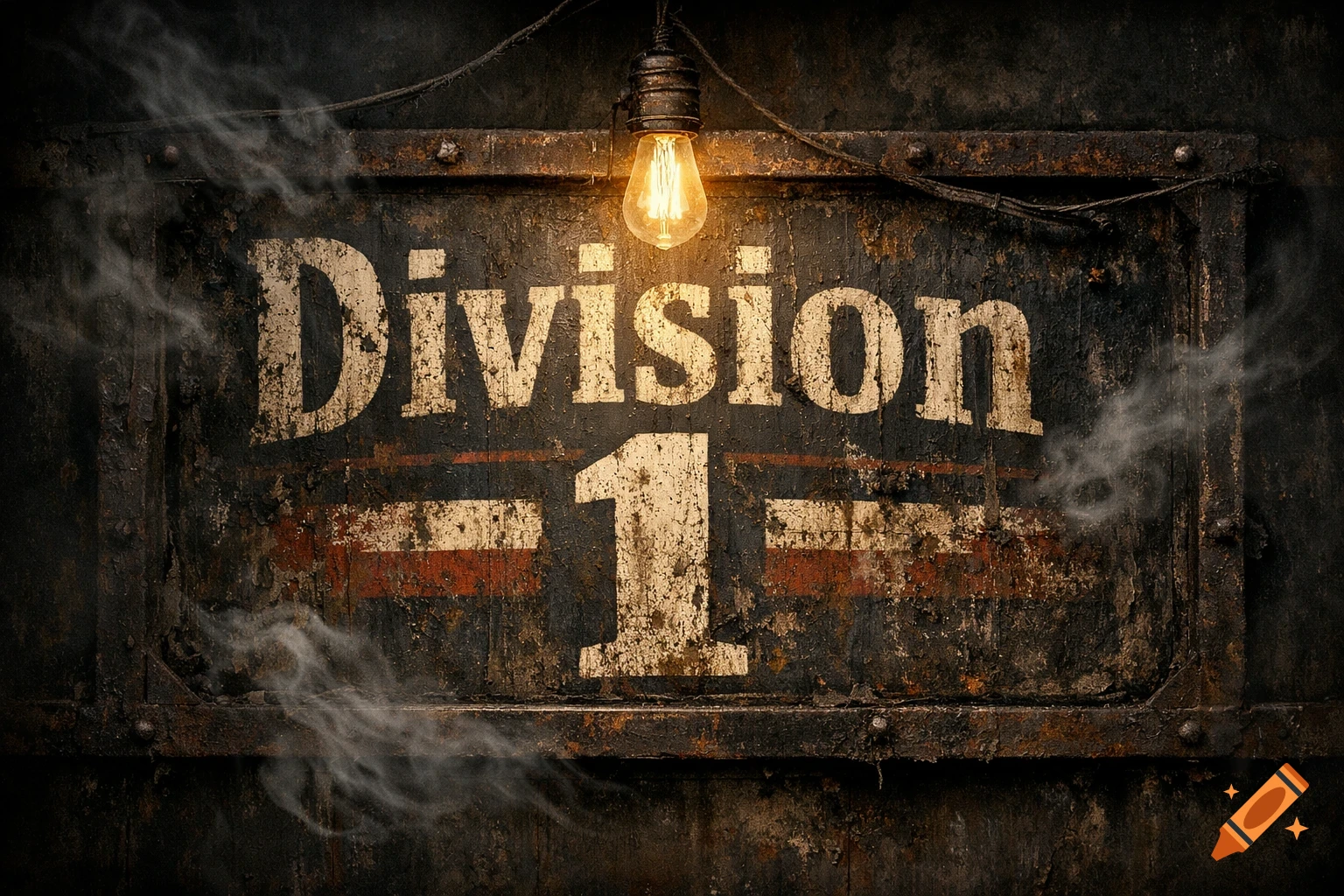 A grunge-style sign reads 'Division 1' illuminated by a bare hanging lightbulb, with smoke around.