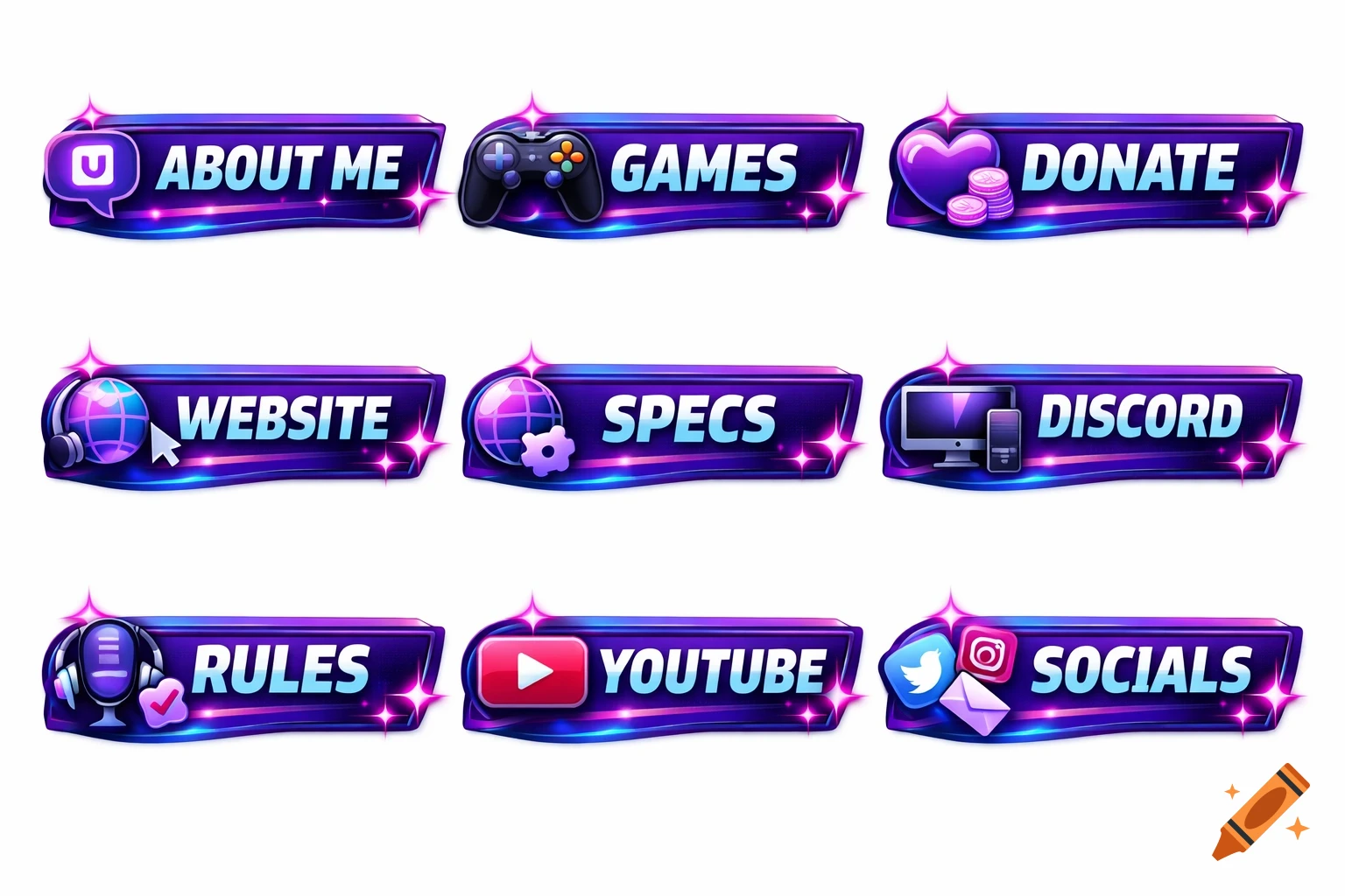 Nine vibrant, glowing purple and blue Twitch panels with icons and text including "ABOUT ME," "GAMES," "DONATE," "WEBSITE," "SPECS," "DISCORD," "RULES," "YOUTUBE," and "SOCIALS."