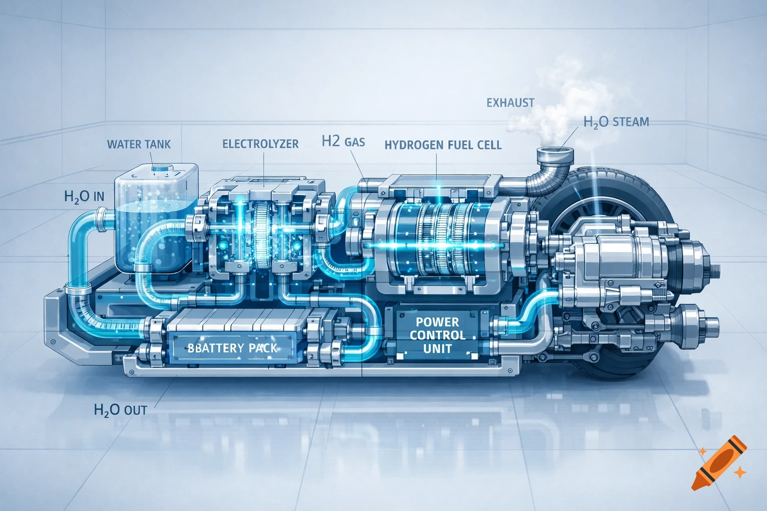 Detailed diagram illustrating the internal components and flow of a hydrogen fuel cell system for a vehicle, with various parts labeled and glowing blue lines indicating energy flow.