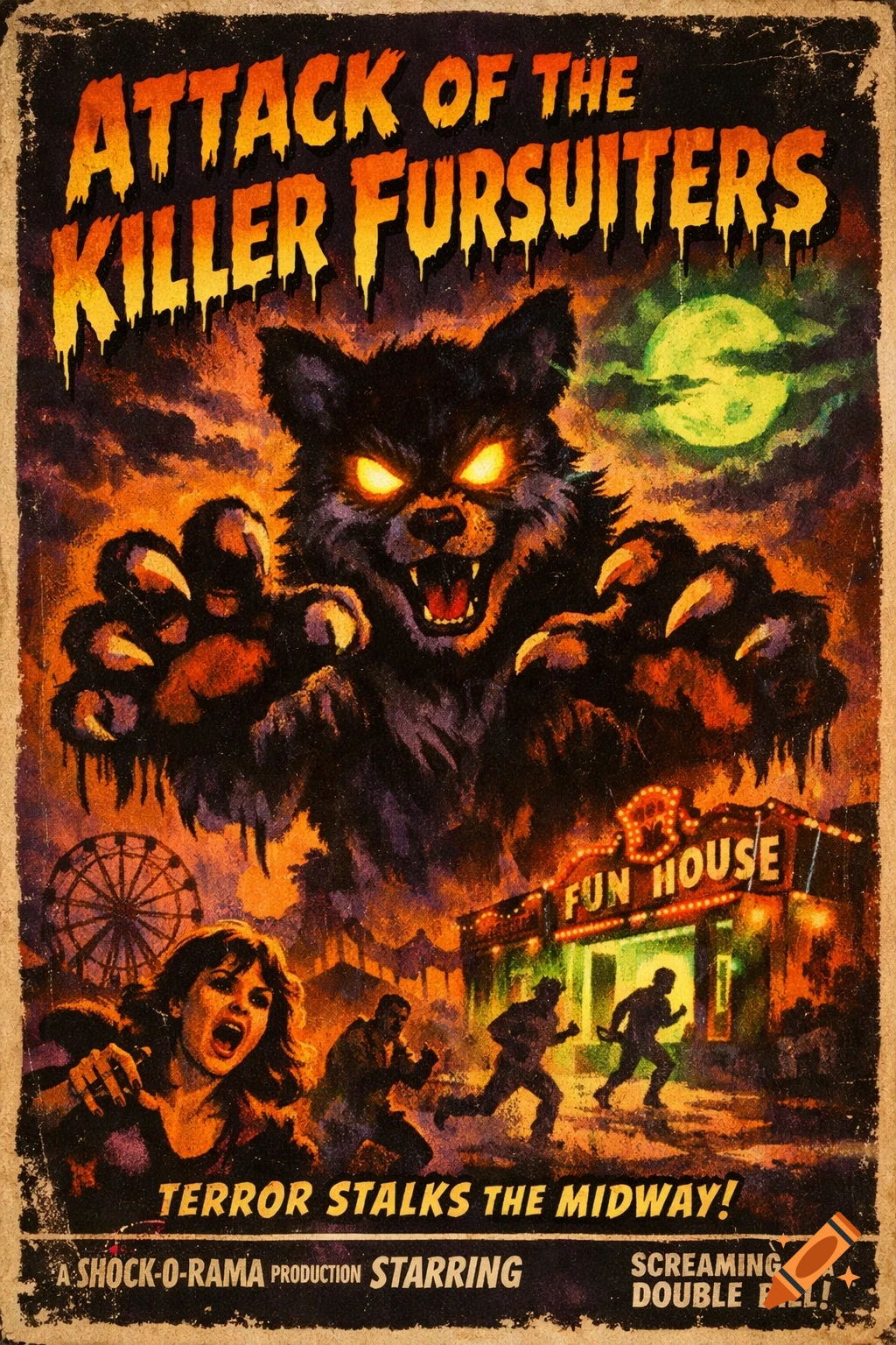 A vintage horror movie poster for 'Attack Of The Killer Fursuiters' with a monstrous werewolf over a carnival scene.