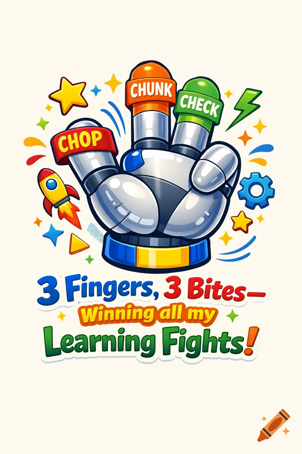 Cartoon robot hand with 'CHOP', 'CHUNK', 'CHECK' on fingers, text reads '3 Fingers, 3 Bites —Winning all my Learning Fights!', stars and rocket.