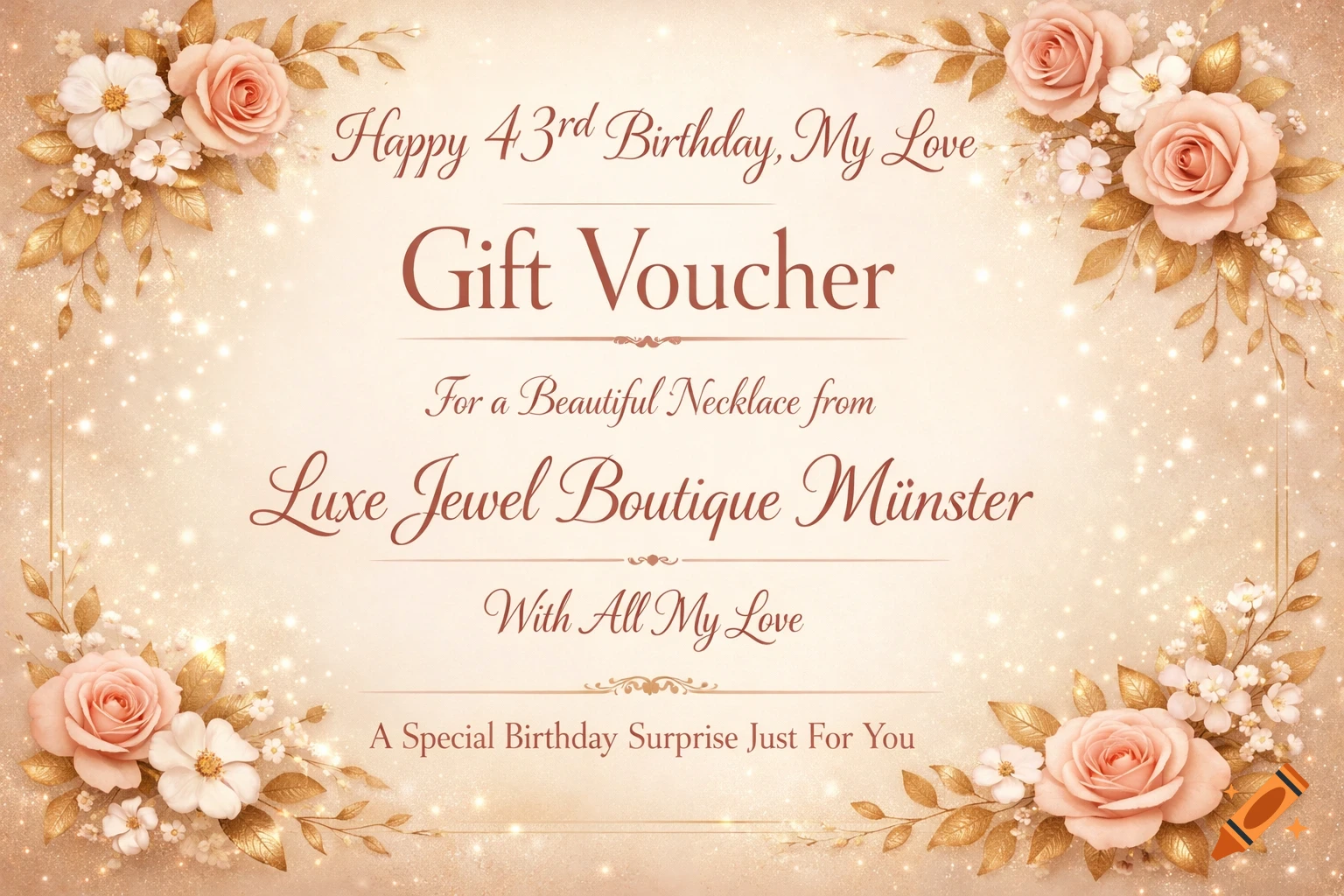 An elegant, sparkling birthday gift voucher for a 43rd birthday featuring peach roses, white flowers, and gold leaves, with text for a necklace from Luxe Jewel Boutique Münster.