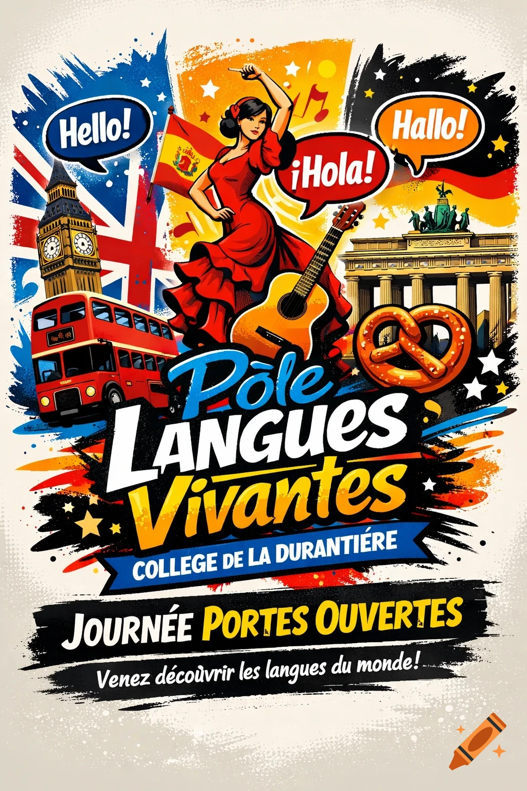 A vibrant educational poster promoting language learning, featuring iconic symbols like Big Ben, a flamenco dancer, Brandenburg Gate, and various greetings.