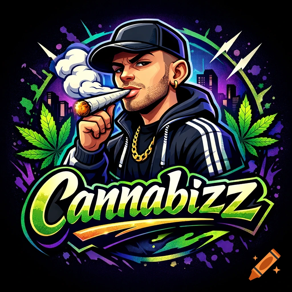 A stylized logo of a man in a cap and tracksuit smoking a joint, with cannabis leaves and a city skyline background. The word 'Cannabizz' is at the bottom.