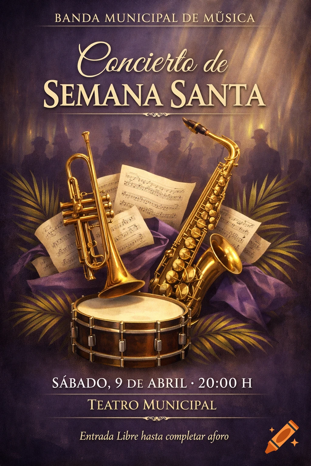 An elegant concert poster with a trumpet, saxophone, and drum resting on purple fabric and sheet music. Silhouettes of musicians are in the background. Text advertises a 'Concierto de Semana Santa' for April 9th at 8 PM at Teatro Municipal, with free entry. The style is classic with golden and purple tones.
