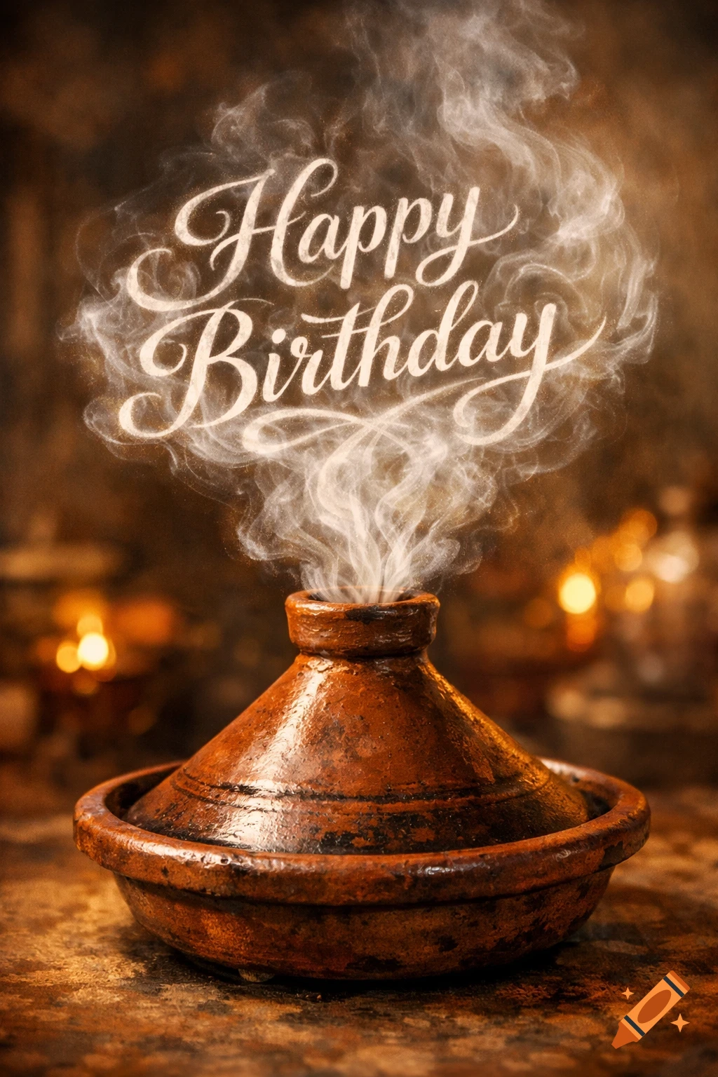 A rustic tagine pot with smoke forming elegant white 'Happy Birthday' text above it, set against a warm, blurred background.