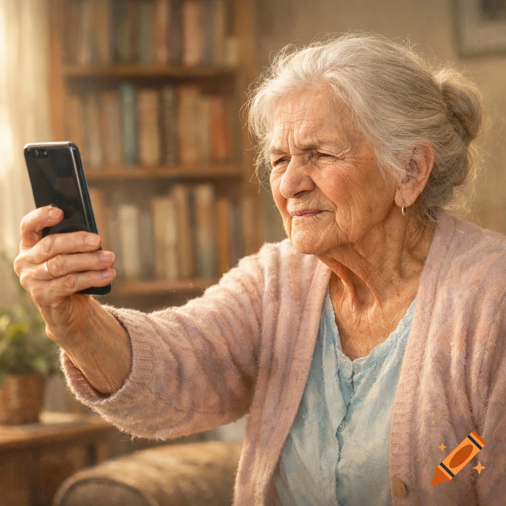 An elderly woman with gray hair squints at her smartphone, holding it far away to read, indoors with bookshelves behind her.
