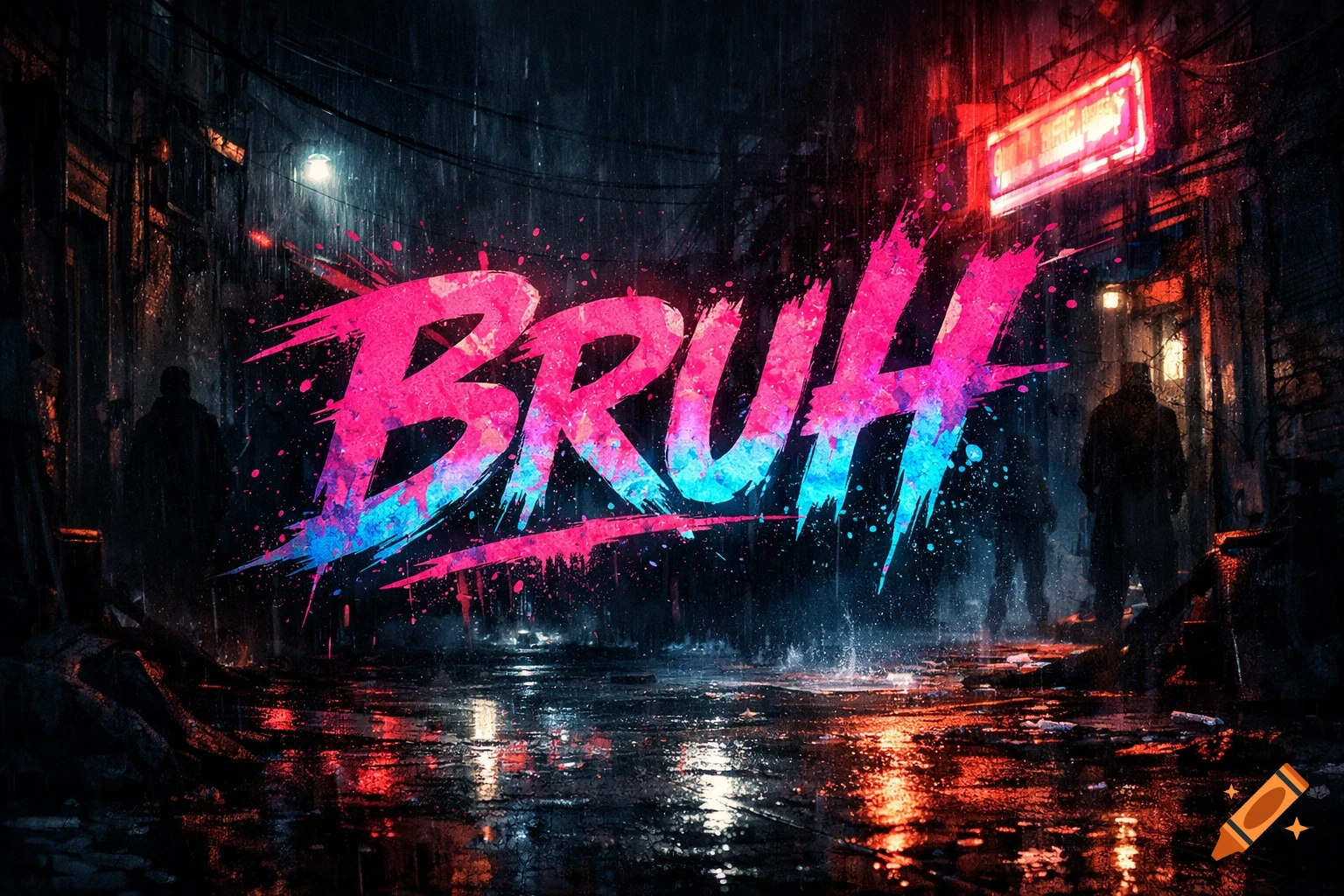 The word 'BRUH' in splattered pink and blue neon graffiti style, set against a dark, rainy urban alleyway with reflections.
