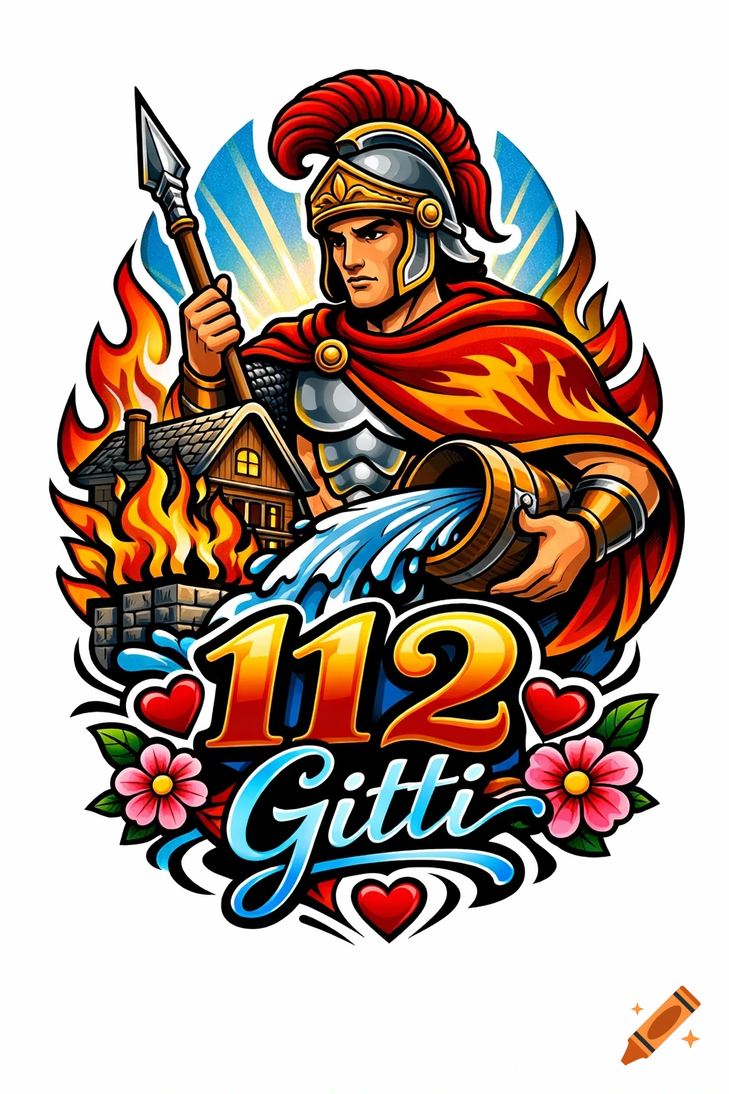 Colorful illustration in tattoo style featuring a Roman soldier-like figure, resembling Saint Florian, putting out a house fire with water from a bucket, with '112 Gitti' text below and decorative flowers.