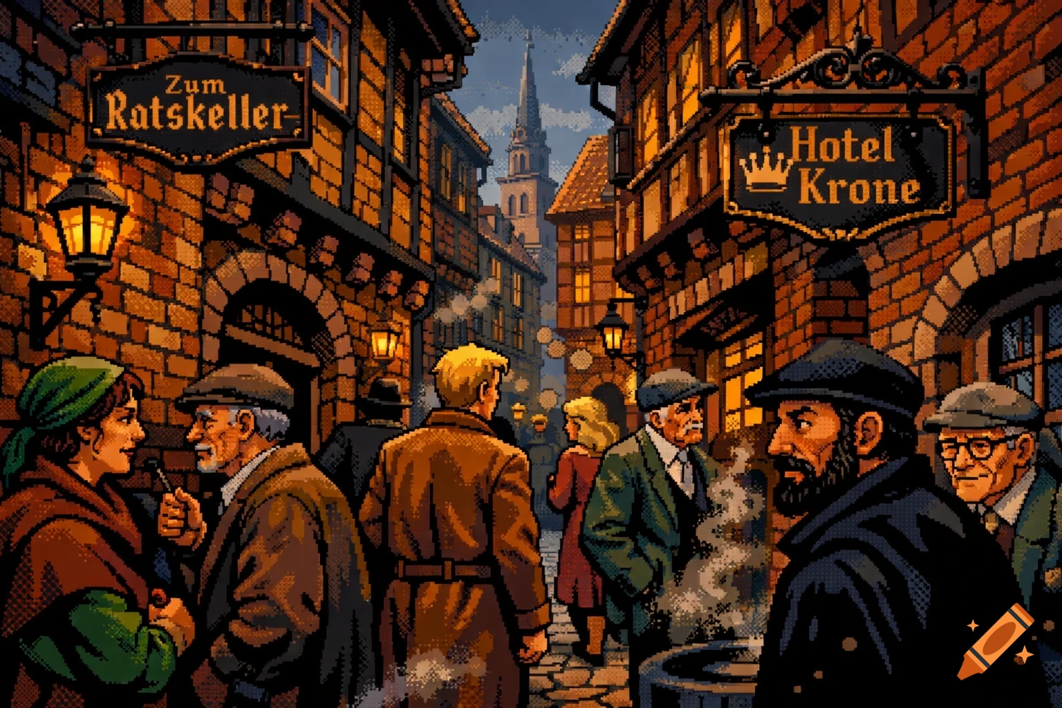 Pixel art image of a bustling historical street at night with people, glowing lanterns, and signs for 'Zum Ratskeller' and 'Hotel Krone'.