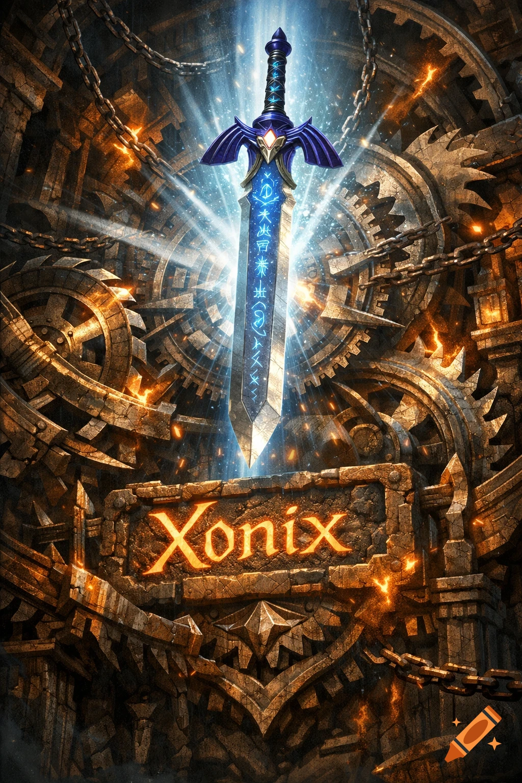 An epic glowing blue fantasy sword rises from intricate golden gears and chains, with 'Xonix' inscribed on a stone block.