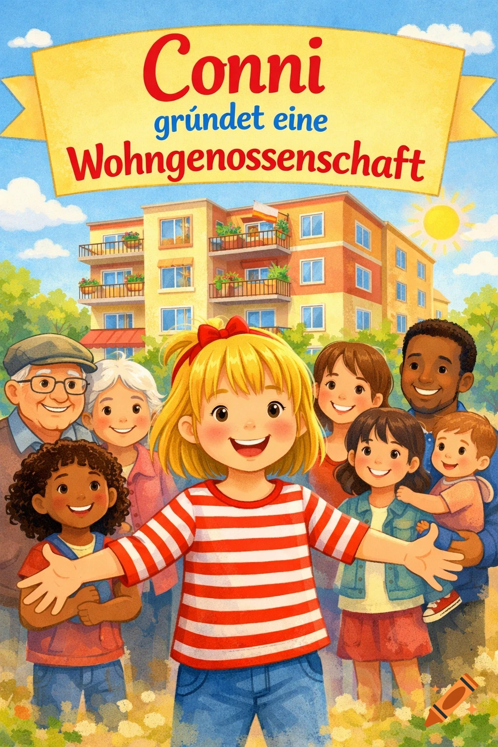 A smiling blonde girl, Conni, with diverse adults and children in front of an apartment building, under the title 'Conni gründet eine Wohngenossenschaft' in a vibrant children's book illustration style.