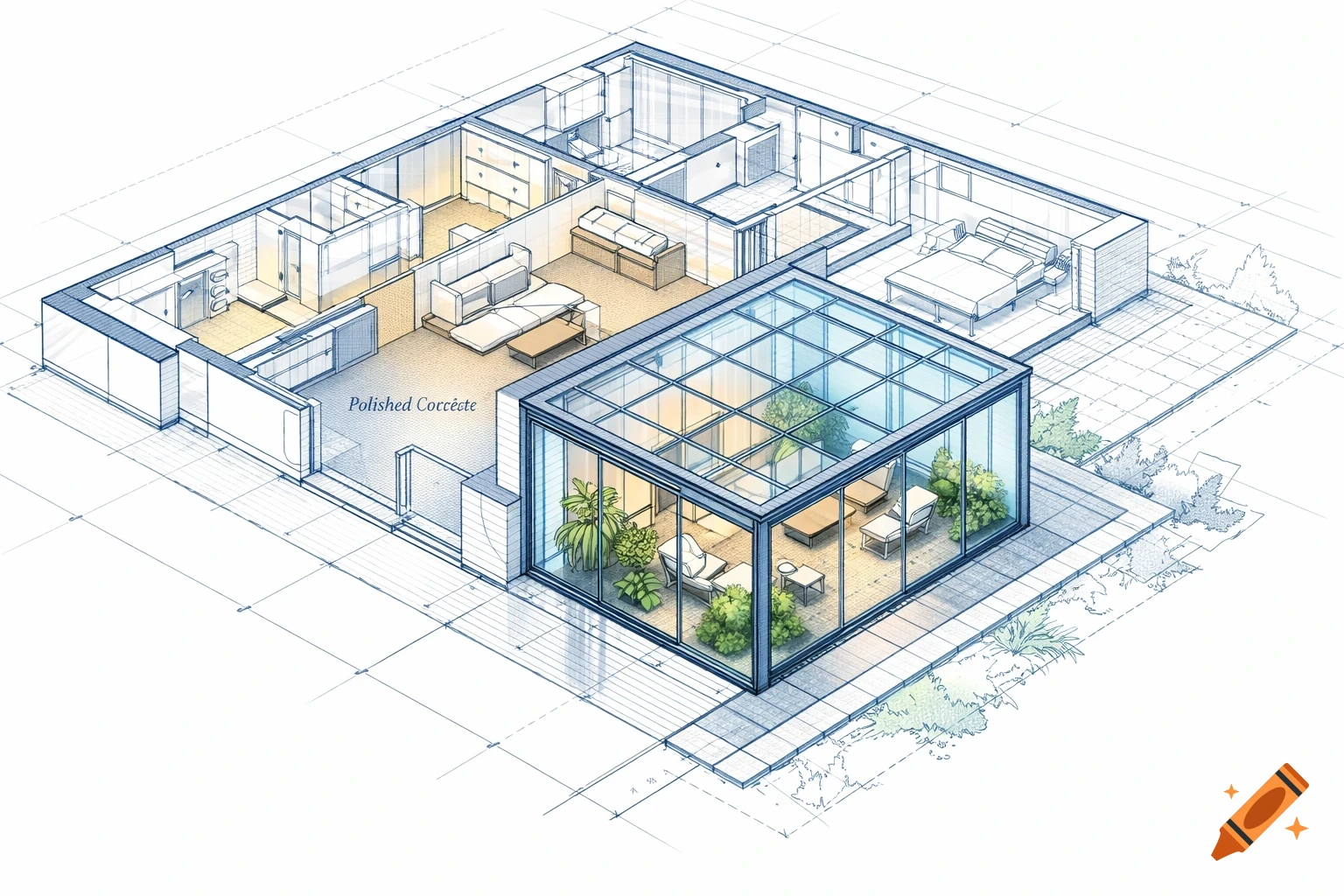 An isometric architectural blueprint of a modern house floor plan with a large glass conservatory.