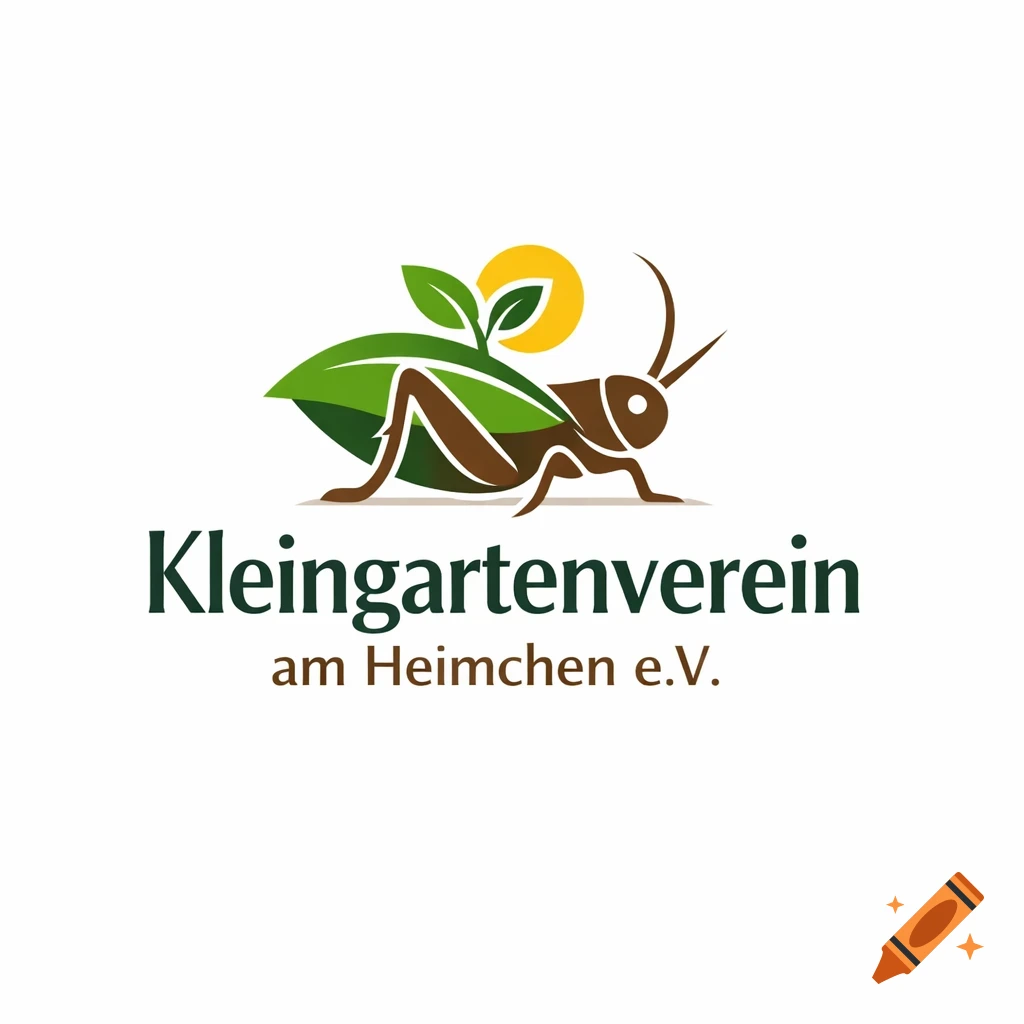 Logo for 'Kleingartenverein am Heimchen e.V.' featuring a cricket, green leaves, and a yellow sun on a white background.