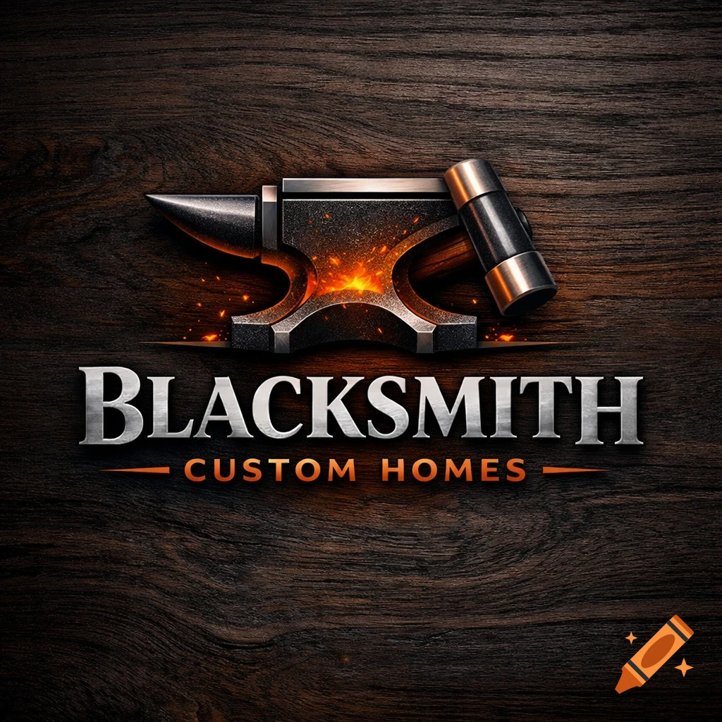 A logo featuring a stylized anvil with glowing embers and a hammer, above the text 'BLACKSMITH CUSTOM HOMES', all on a dark wood background.