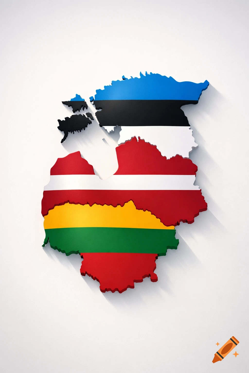 3D rendering of the maps of Estonia, Latvia, and Lithuania, each filled with its national flag, on a white background.