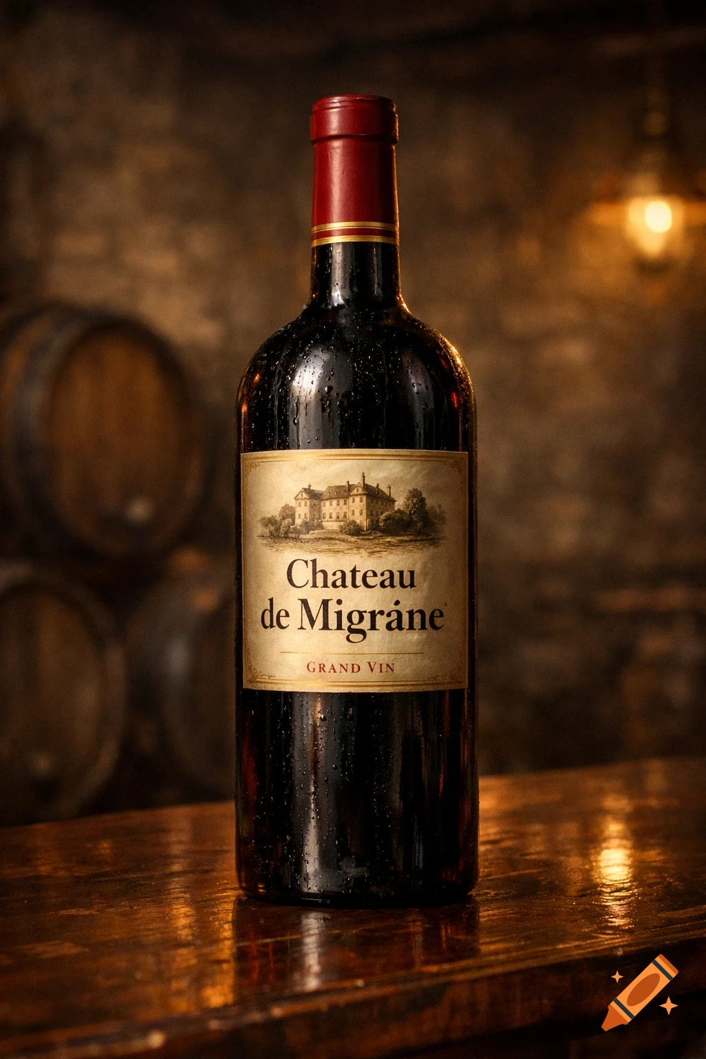 Photorealistic image of a red wine bottle with a 'Chateau de Migräne' label, covered in condensation, on a wooden table in a cellar.