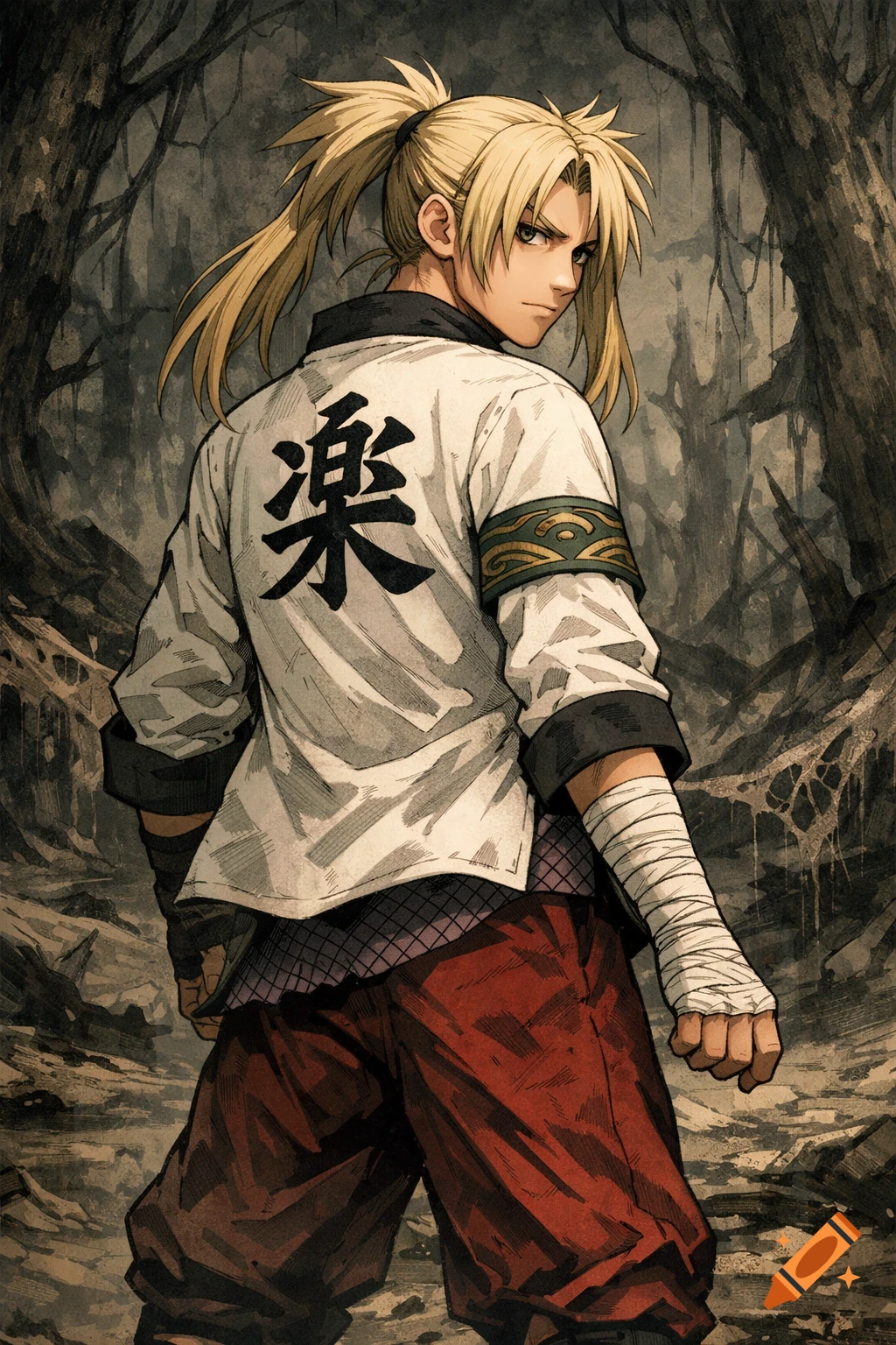 Anime-style male character with blonde ponytail, white jacket with kanji, red pants, and bandaged arm, looking back in a forest.