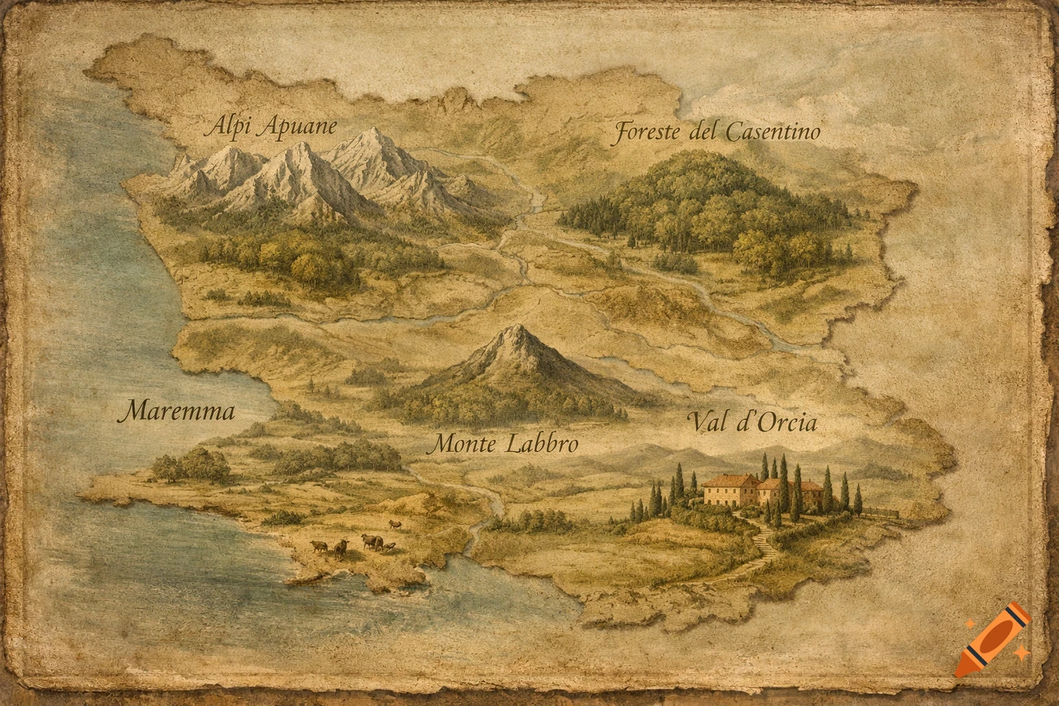 A vintage, hand-drawn relief map of Tuscany, depicting mountains, forests, and a farmhouse with cypress trees, in Renaissance style.