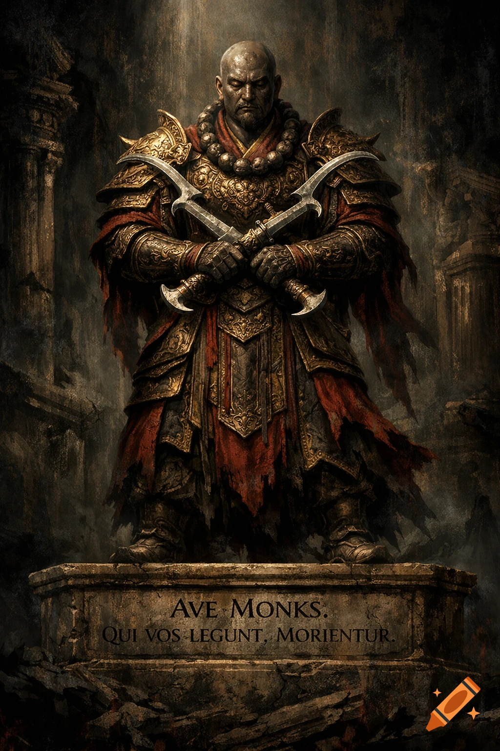 A dark fantasy art of a bald warrior monk statue in elaborate golden armor, holding crossed hooked swords, on an ancient pedestal.