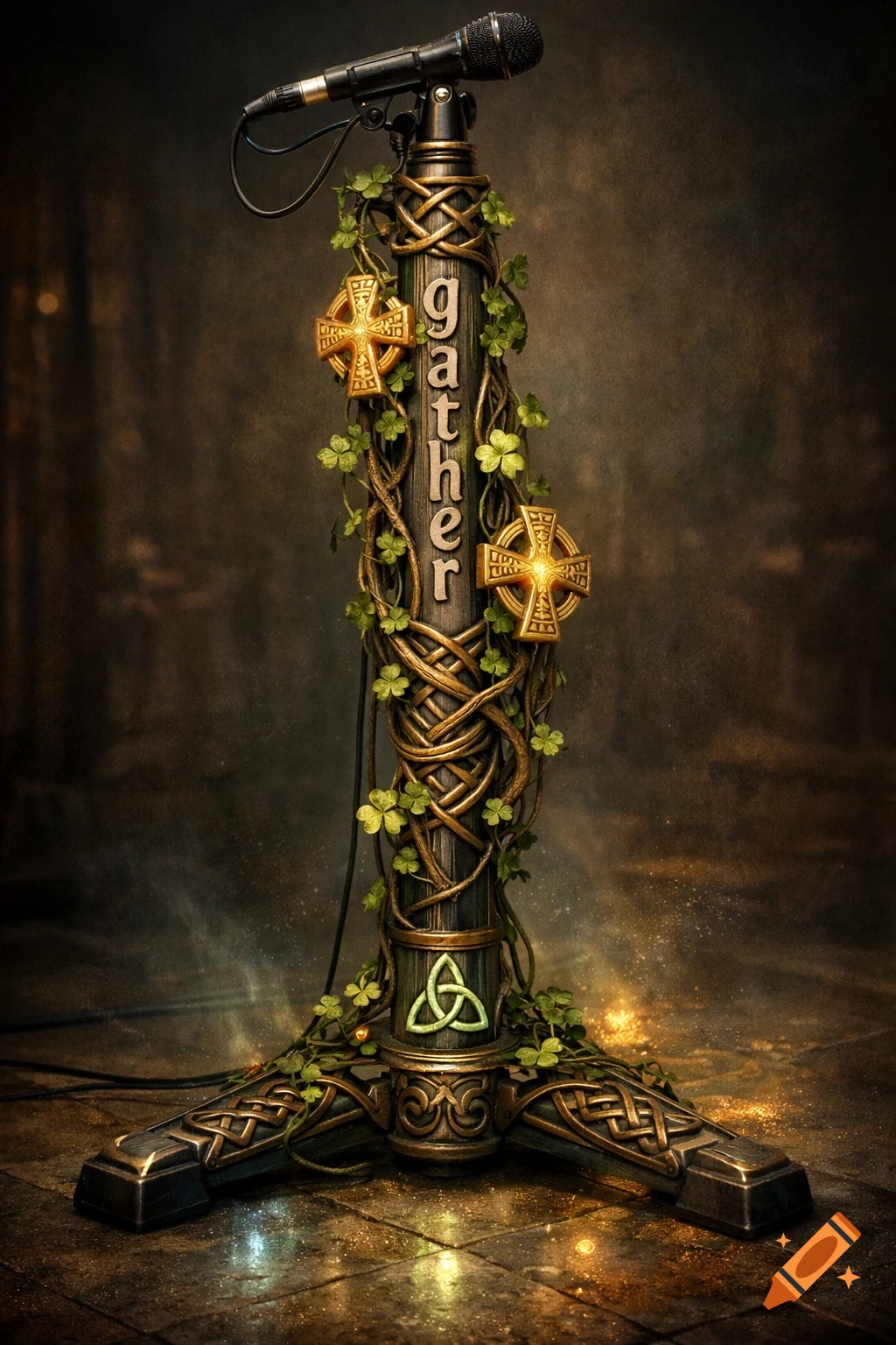 A decorative mic stand adorned with intertwined green vines, clovers, golden Celtic crosses, and the word 'gather' carved vertically.